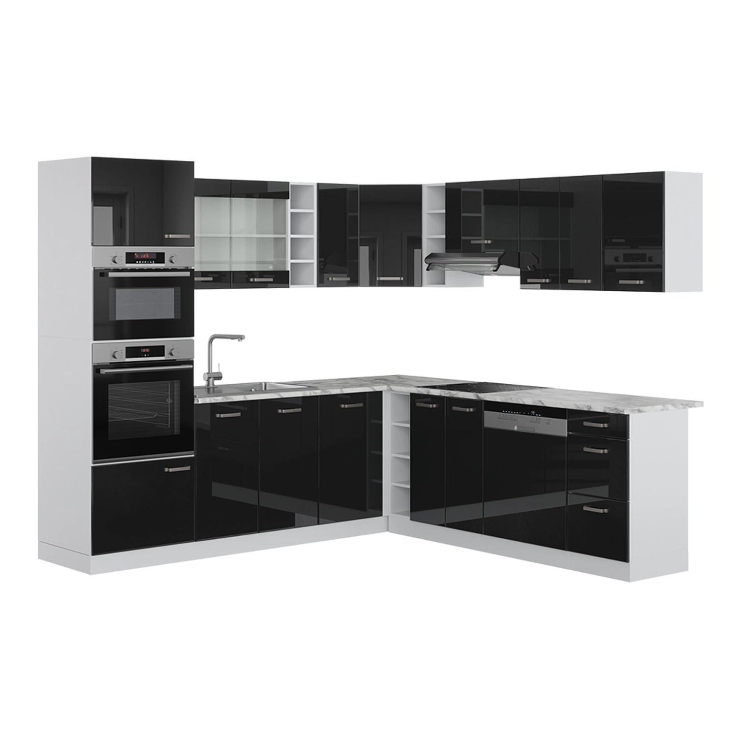 Vicco R-Line Einbauküche in L-Form Schwarz Hochglanz 237 x 60 cm AP Marmor ohne E-Geräte