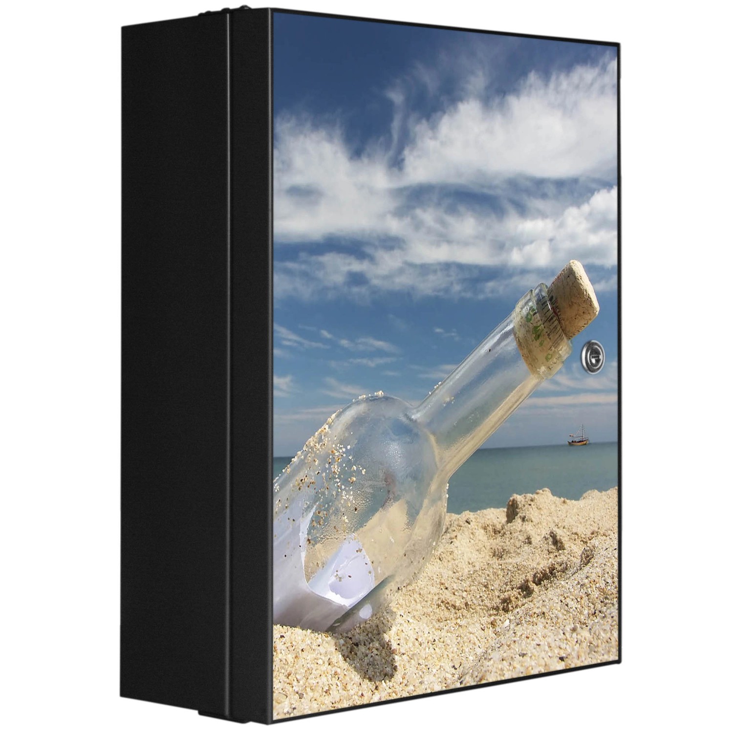 Banjado XXL Medizinschrank Abschliessbar 35x46x15cm Arzneischrank Anthrazit Aus Metall Front Mit Motiv Flaschenpost
