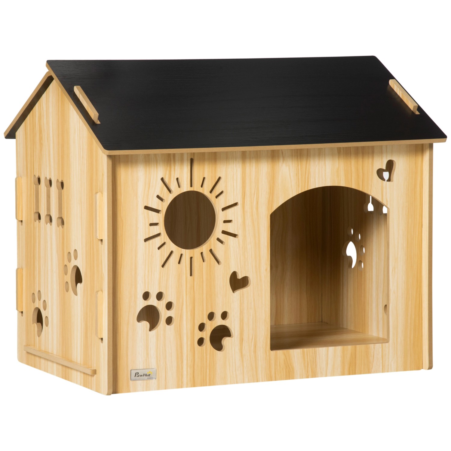 PawHut Hundehütte mit Lüftungsöffnungen Dach MDF Eiche Schwarz 69 x 50 x 58,5 cm