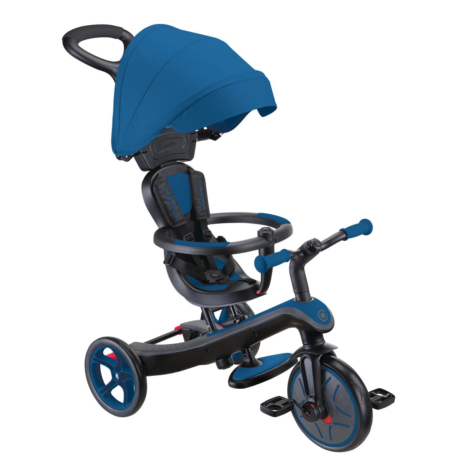 Globber Explorer Trike 4in1 Kinderwagen Dreirad und Laufrad 10/8,5 Zoll TPR-Sitz Höhenverstellbar Blau