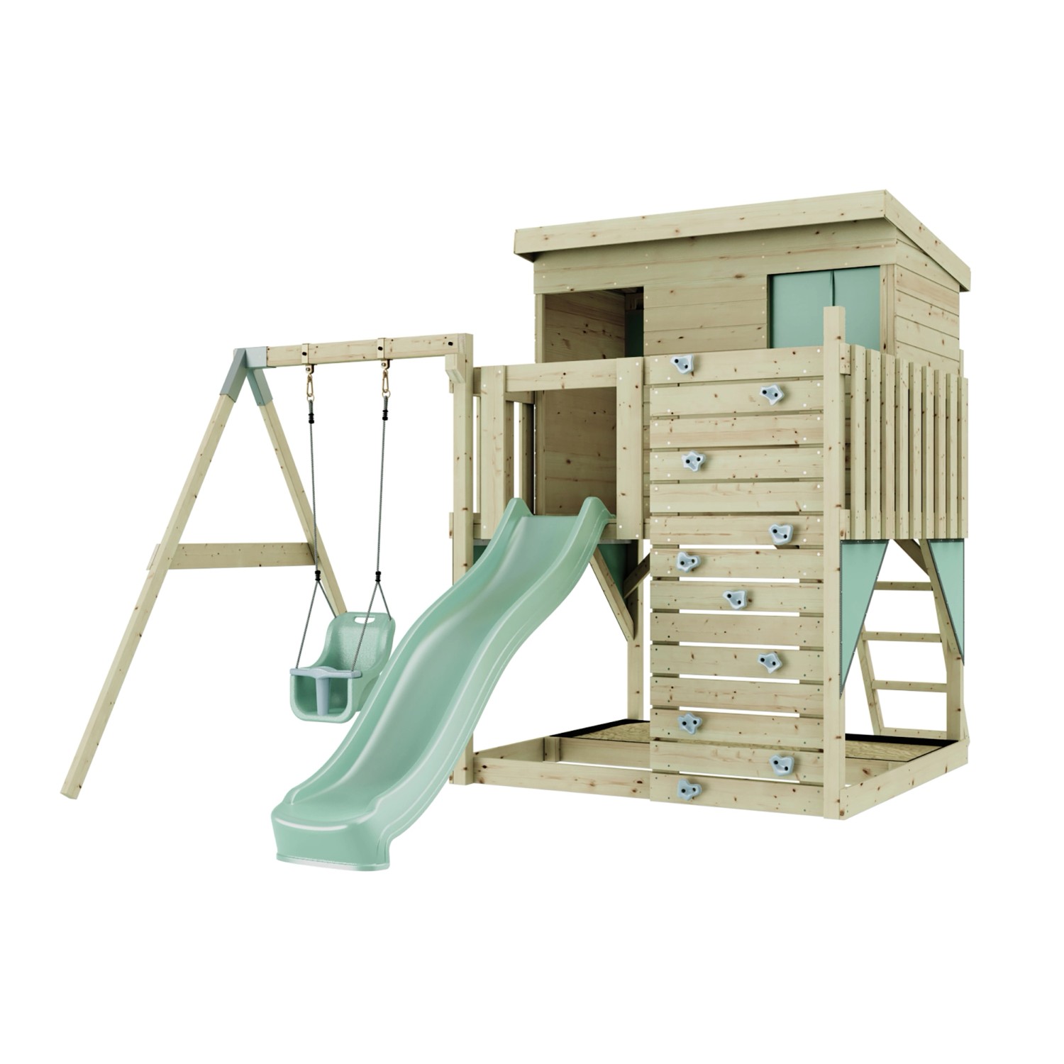 PolarPlay Spielturm Tjorven, mit Babyschaukel, Mintgrün