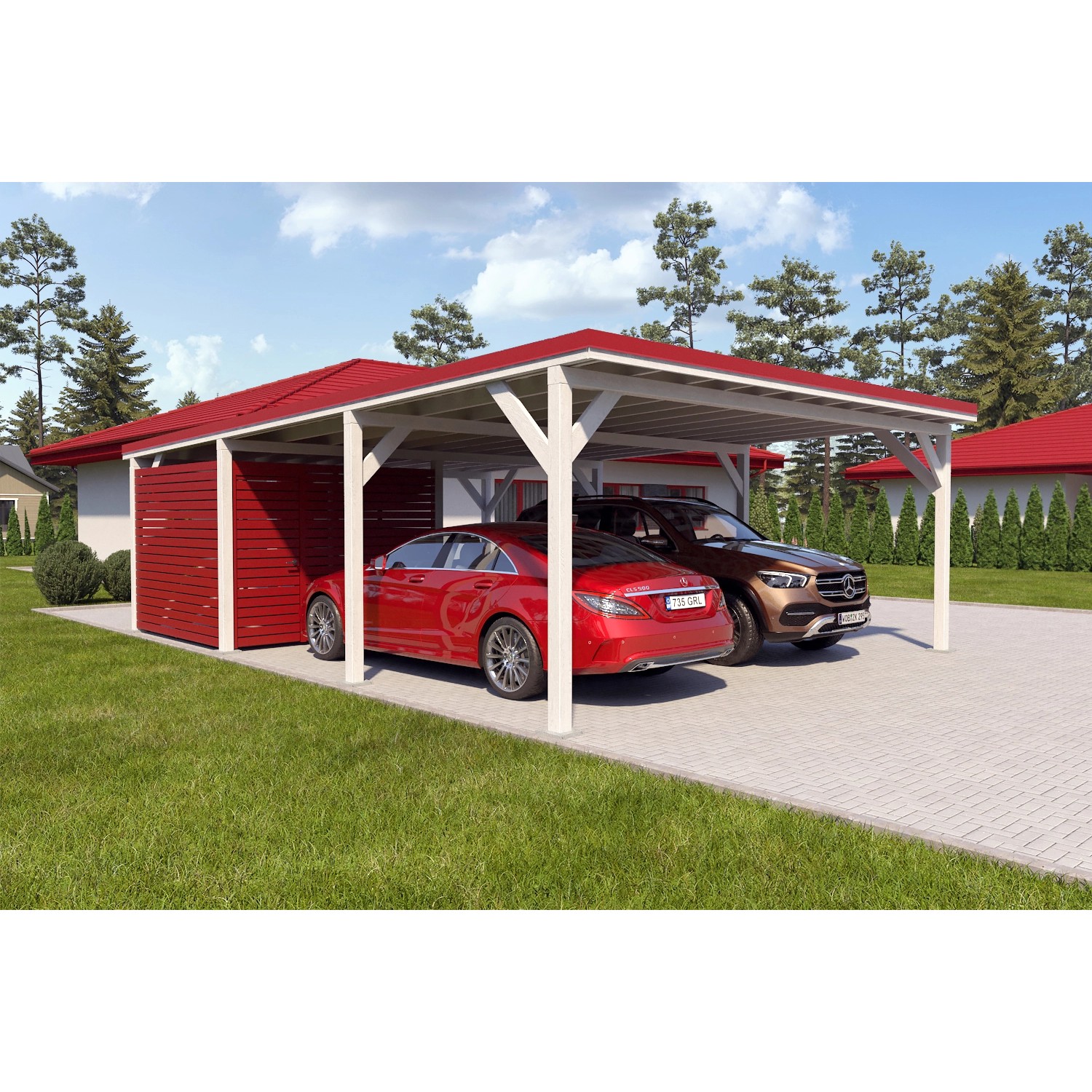 Holzbrüder Carport Ralf 52m² mit kl. Geräteraum Weiß-Rot