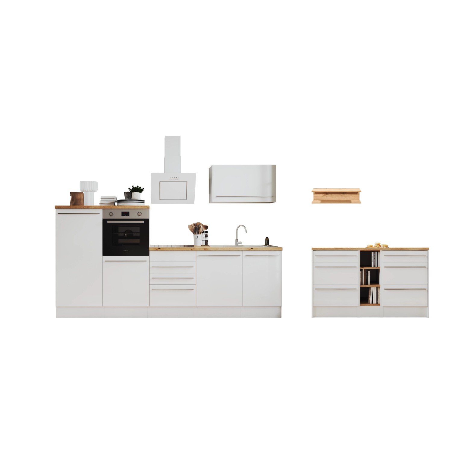 Respekta Küchenzeile Gabriel 290 cm mit Kücheninsel Weiß Hochglanz