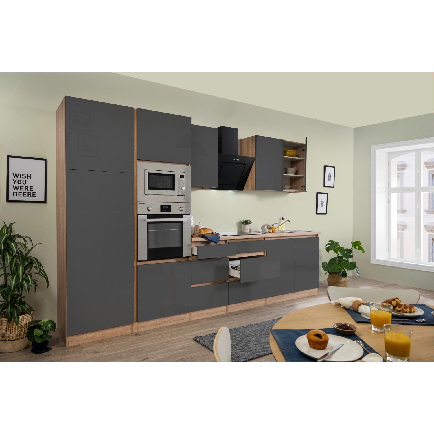 Respekta Premium Küchenzeile Grifflos 335 cm Grau Hochglanz-Eiche Sägerau