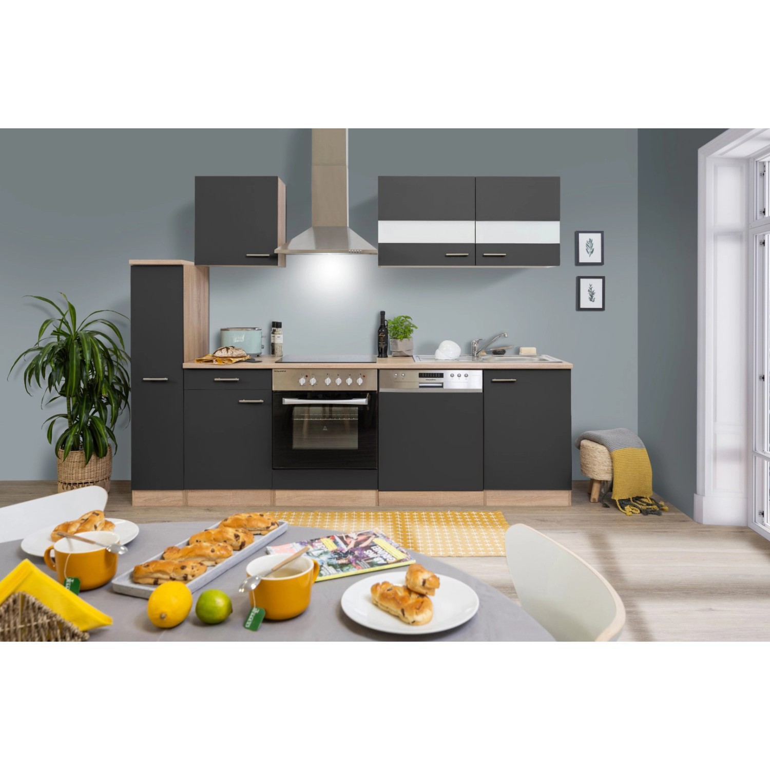 Respekta Küchenzeile KB250ESGC 250 cm Grau-Eiche Glänzend