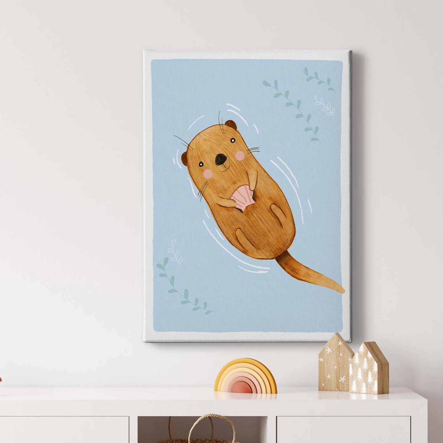 Bricoflor Tier Bild Mit Biber Kinderzimmer Wandbild In Hellblau Und Braun Für Jungen Und Mädchen Niedliches Bild Mit Otter Motiv Auf Leinwand