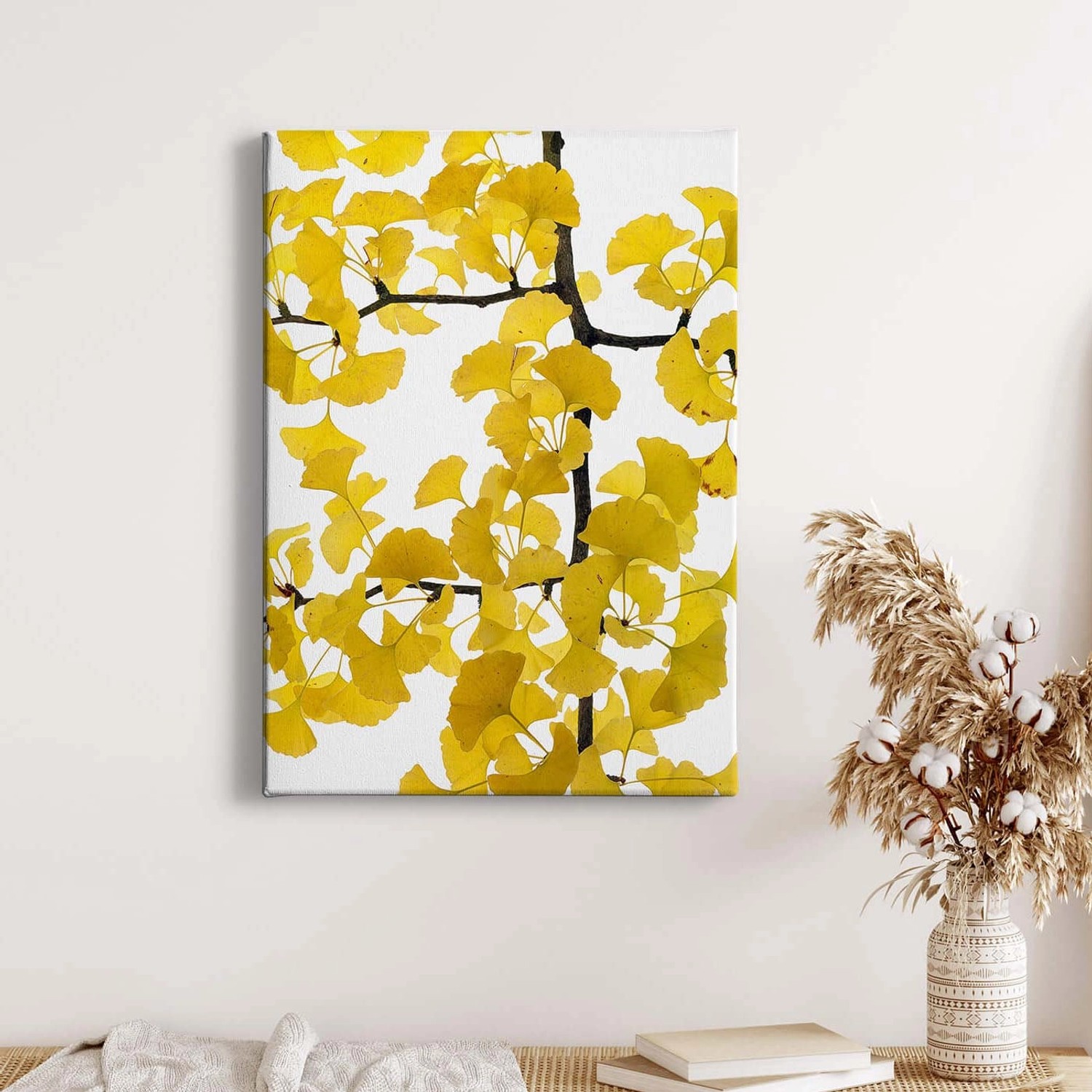 Bricoflor Ginkgoblatt Bild In Weiß Und Gelb Ginkgo Leinwand Bild Ideal Für Schlafzimmer Und Flur Chinesisches Bild Im Wellness Stil