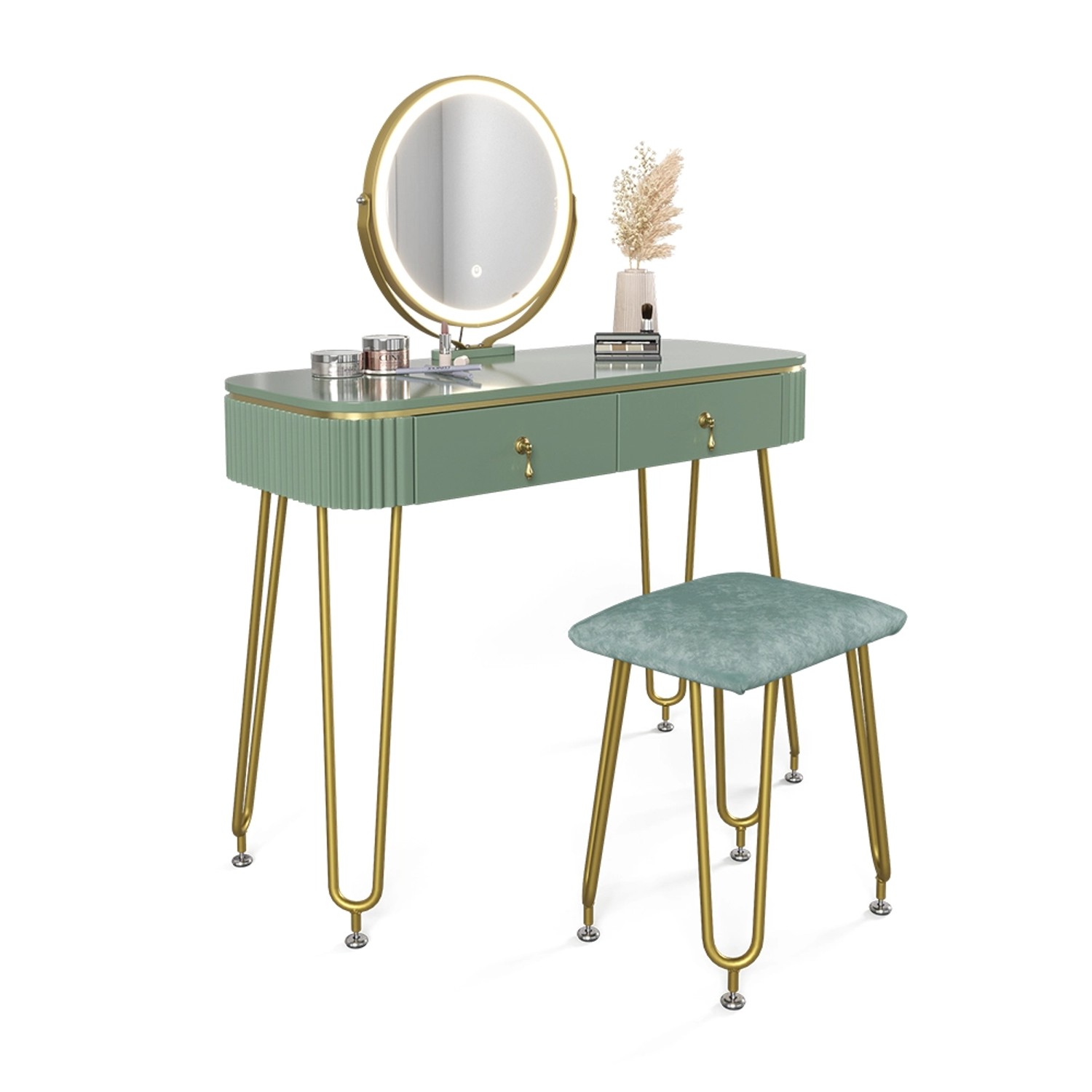 Vicco Schminktisch Grace Grün 100 cm mit LED Beleuchtung und Hocker