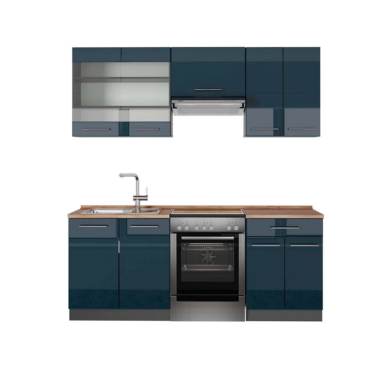 Vicco Fame-Line Küchenschränke Dunkelblau Hochglanz/Anthrazit 200 cm AP Eiche