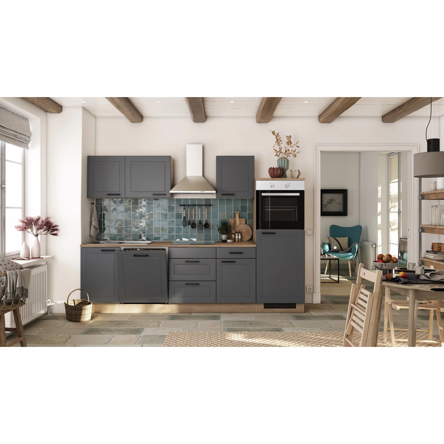 Flex-Well Exclusiv Küche 2320-016 Romeo 280 cm Anthrazit matt-Cosmopolitan Eiche