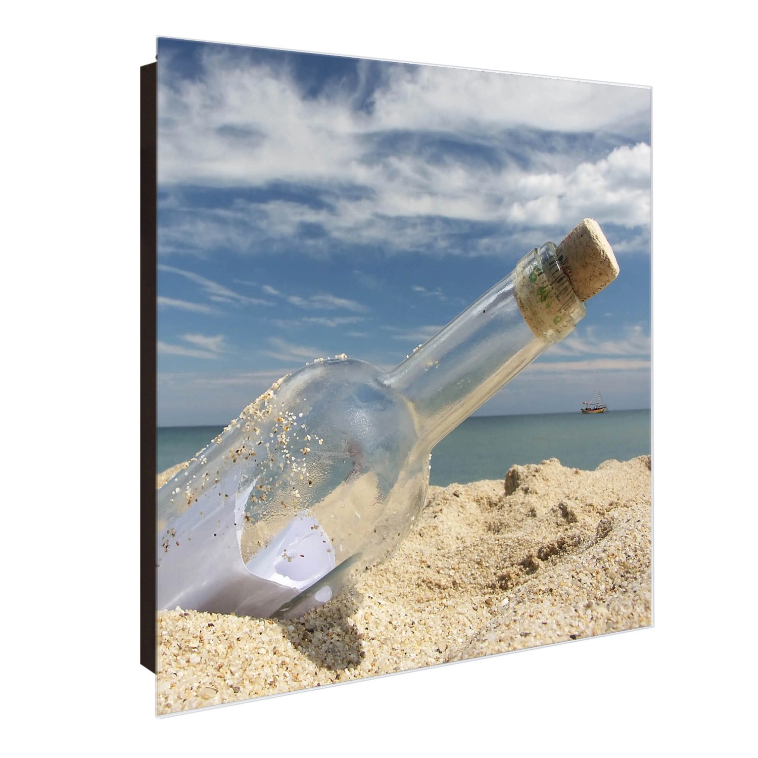 Banjado Großer Schlüsselkasten Glas 30x30cm Schwarz Scharnier Rechts 50 Haken Beschreibbar Magnetisch Motiv Flaschenpost