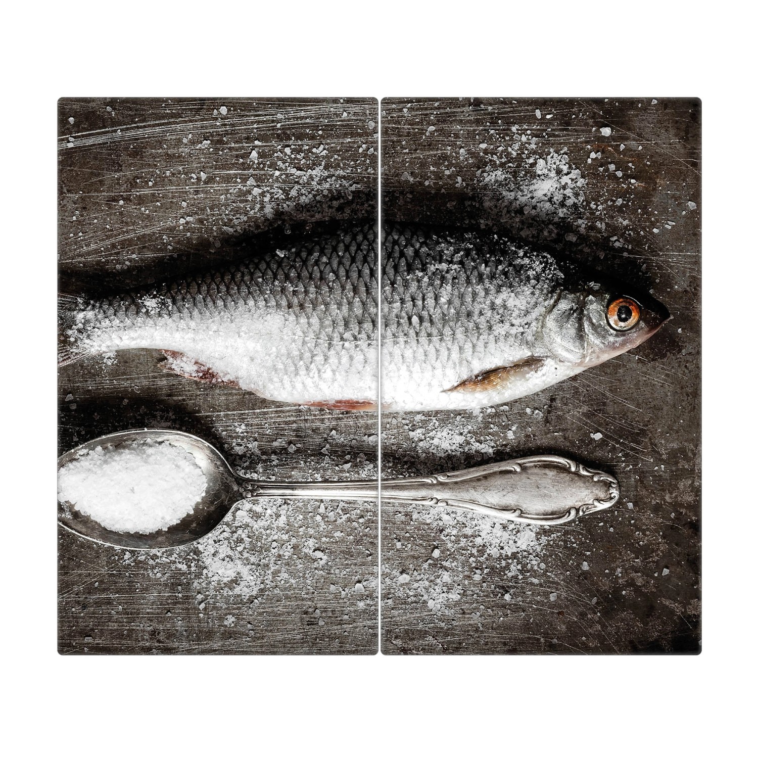 Banjado Herdabdeckplatte Glas 2 Teilig Je 30x52CM Schneidebrett Herdabdeckung Mit Motiv Fisch Und Salz