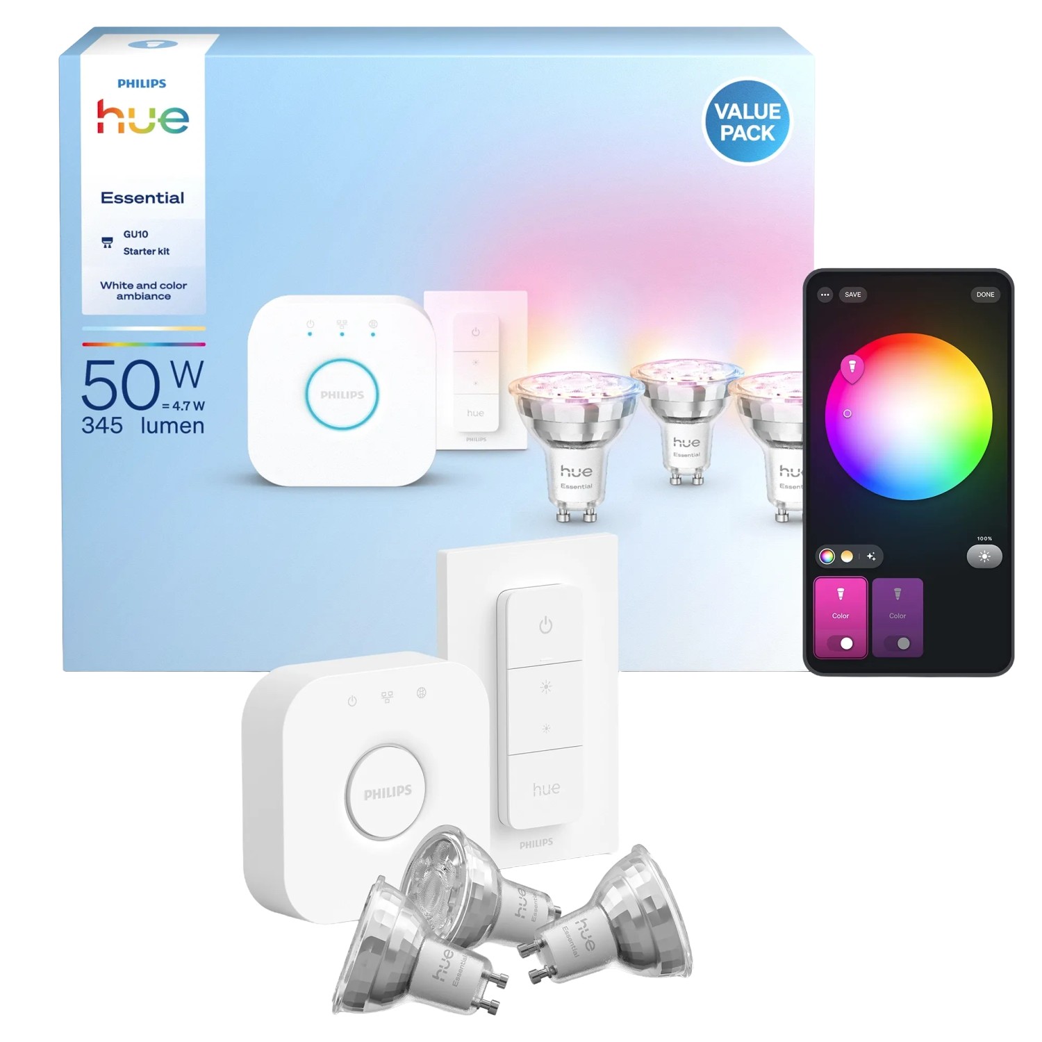 Philips Hue Starter Kit Essential Hue Bridge inkl. 3 Leuchtmittel GU10 & Dimmer