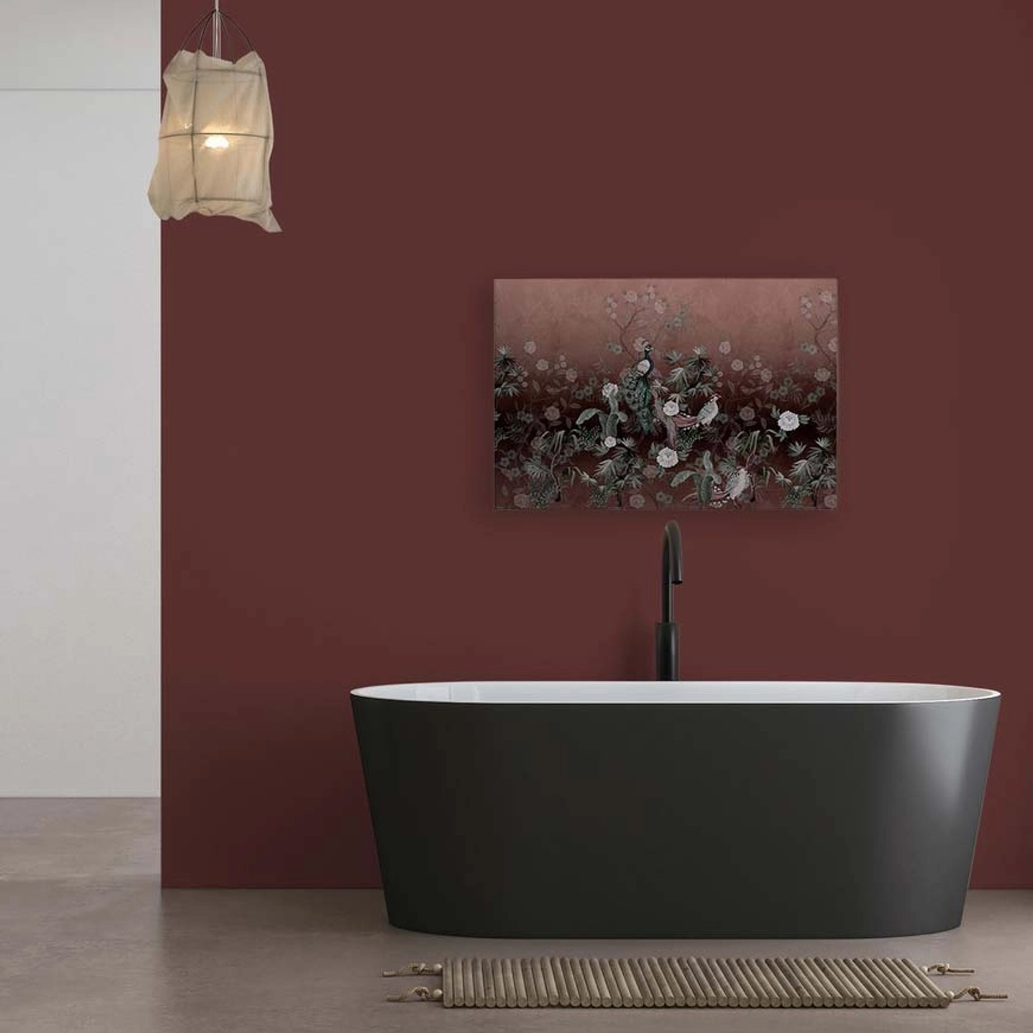 Bricoflor Leinwandbild Chinesisch Rot Wandbild Mit Pfau Und Blumen Asiatisch In 120 X 80 Cm Deko Bild Mit Vogel Und Blumen