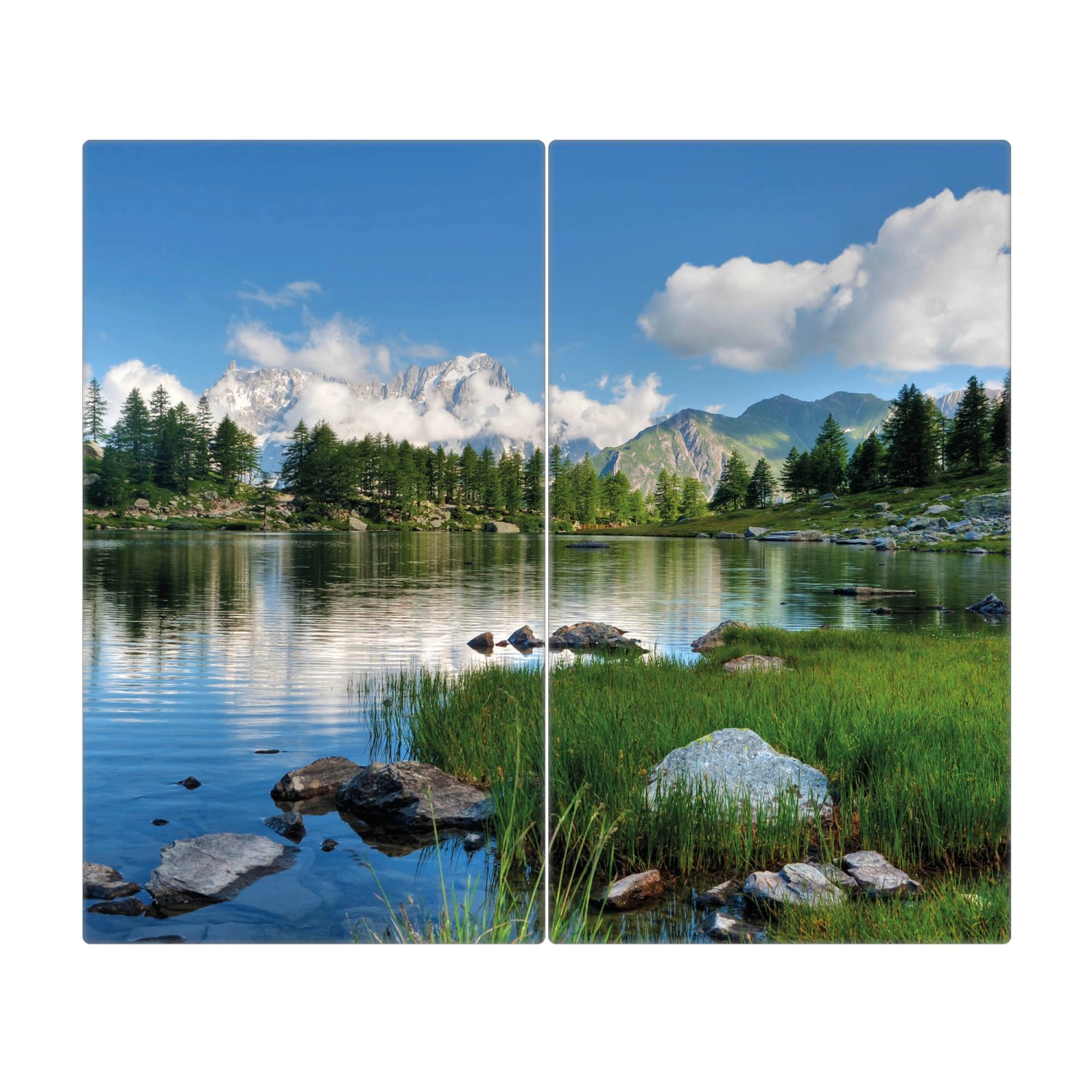 Banjado Herdabdeckplatte Glas 2 Teilig Je 30x52CM Schneidebrett Herdabdeckung Mit Motiv Gebirgssee
