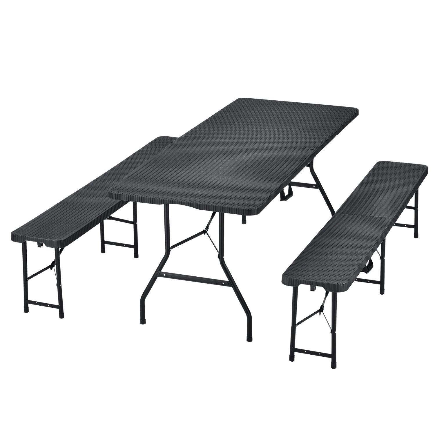 Juskys Bierzeltgarnitur Amberg aus Kunststoff 3 teilig in Rattan Optik Schwarz