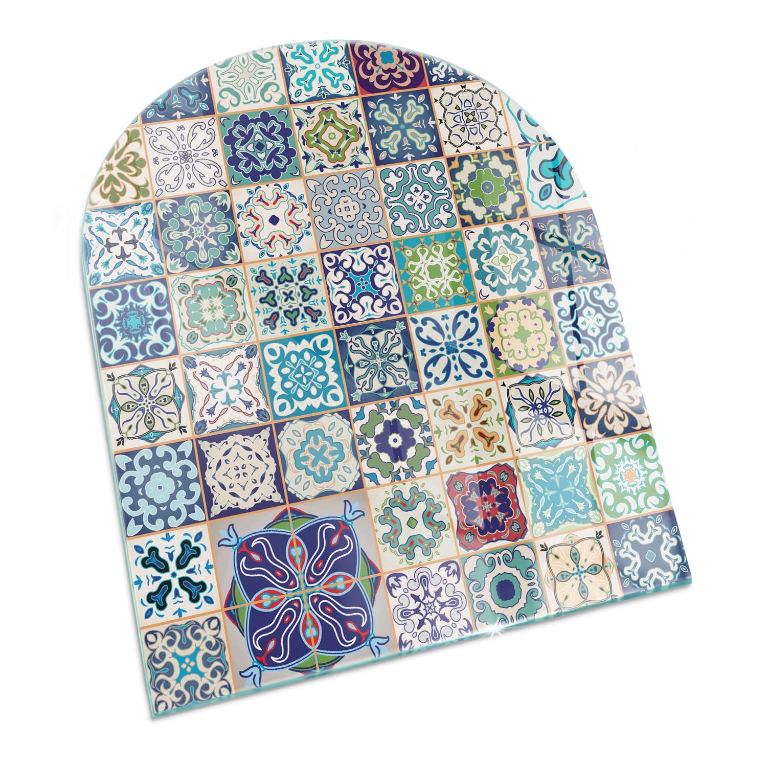 Tulup Glasplatte für Kamin Mosaikmuster auf Fliesen Glas unter Kamin Halbkreis 80x70 cm Blau Glasplatte für Kamin Glasplatte unter Kamin