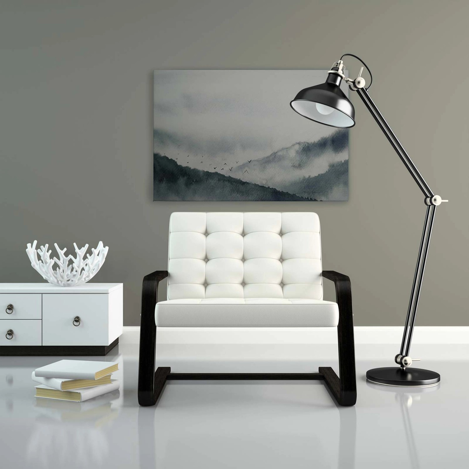 Bricoflor Keilrahmen Bild Mit Bergen Leinwand Aquarell Bild Mit Berglandschaft Und Vögeln In Dunkelgrün Und Weiß Schlafzimmer Wandbild Mit Landschaft