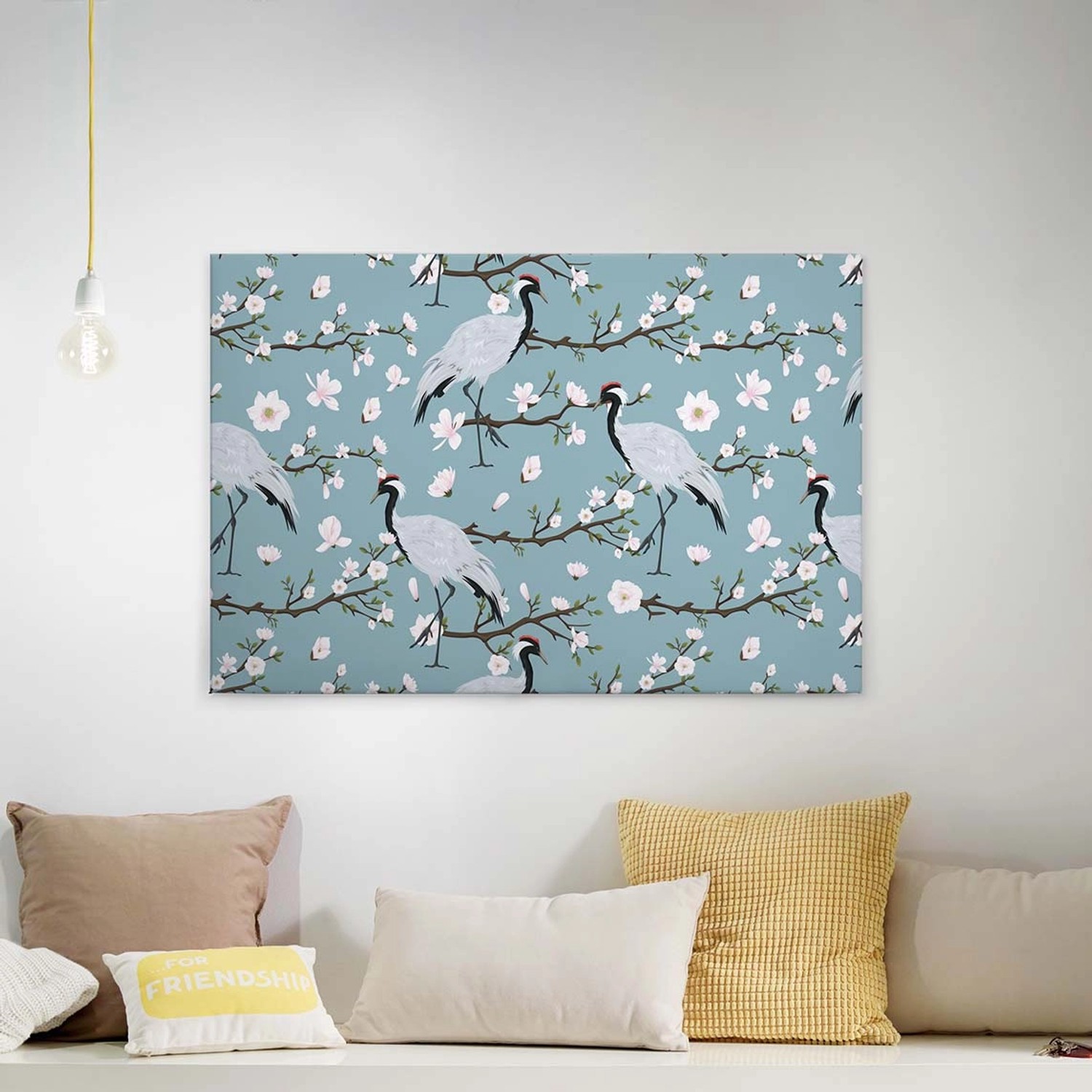 Bricoflor Leinwandbild Mit Kranich Wandbild Mit Vogel Und Kirschblüten In Blau Und Weiß Schlafzimmer Canvas Keilrahmen Bild Im Asiatischen Stil
