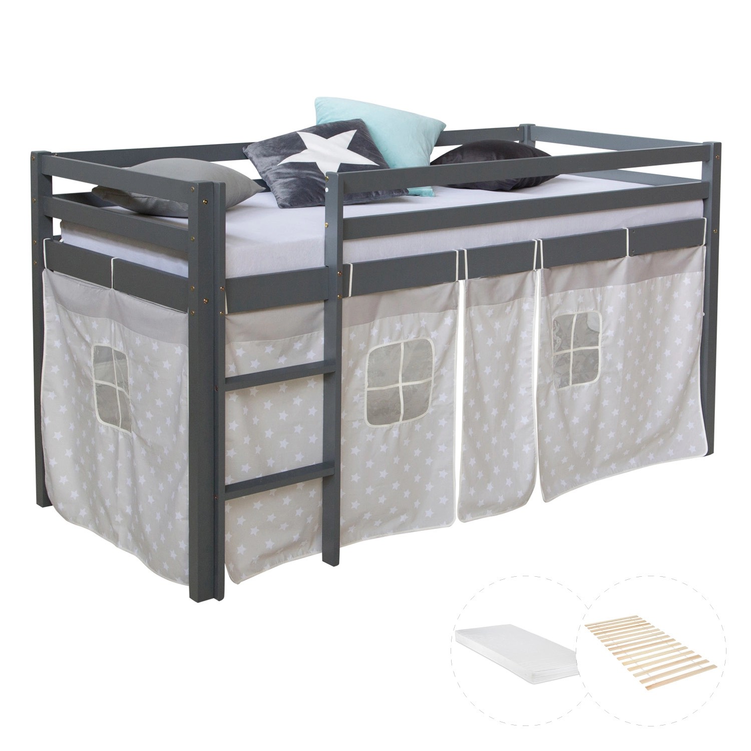 Homestyle4u Kinderhochbett 90x200 Grau mit Lattenrost Matratze 2783