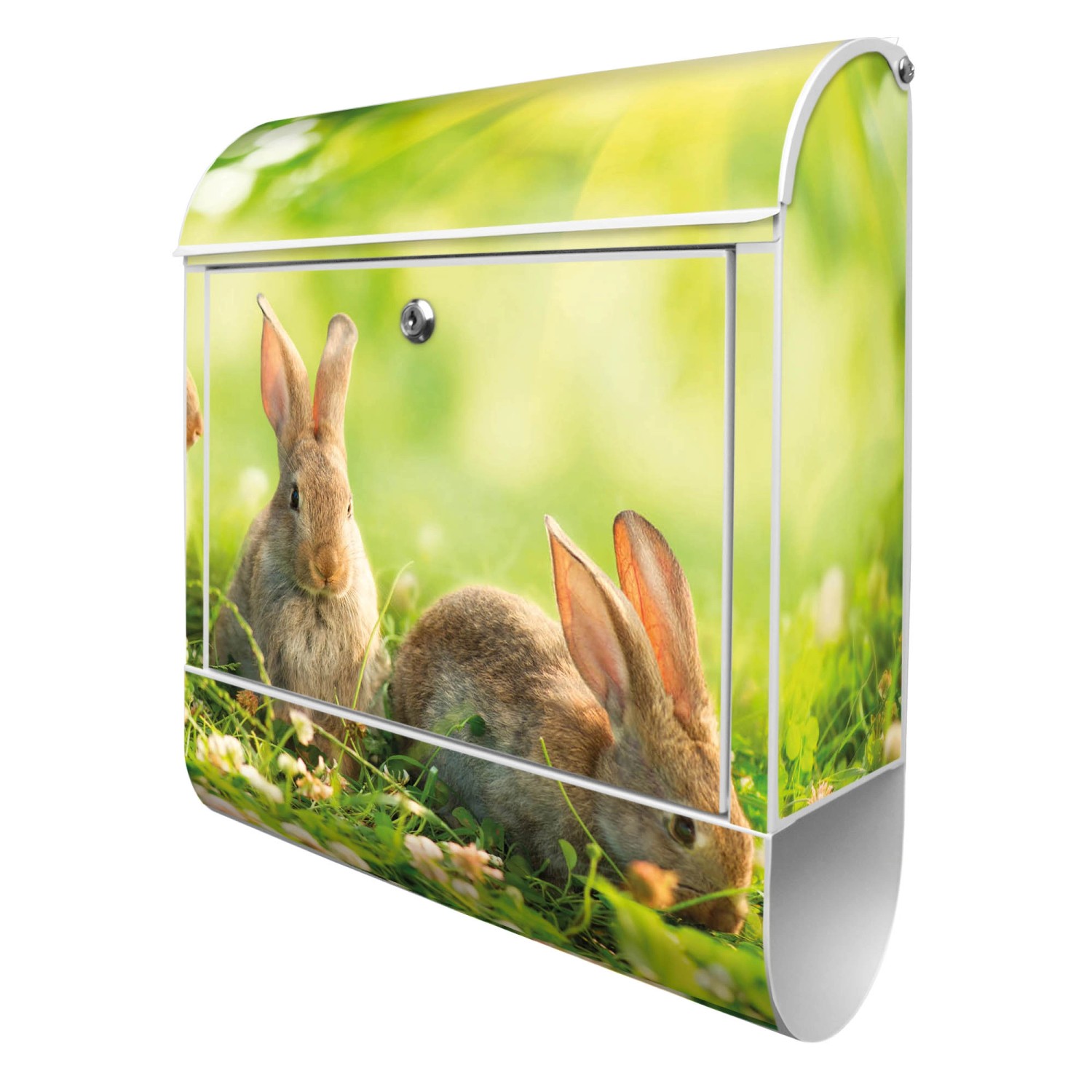 Banjado Design Briefkasten Weiß Pulverbeschichtet 39x47x14cm 2 Schlüssel Mit Zeitungsfach Motiv Drei Hasen