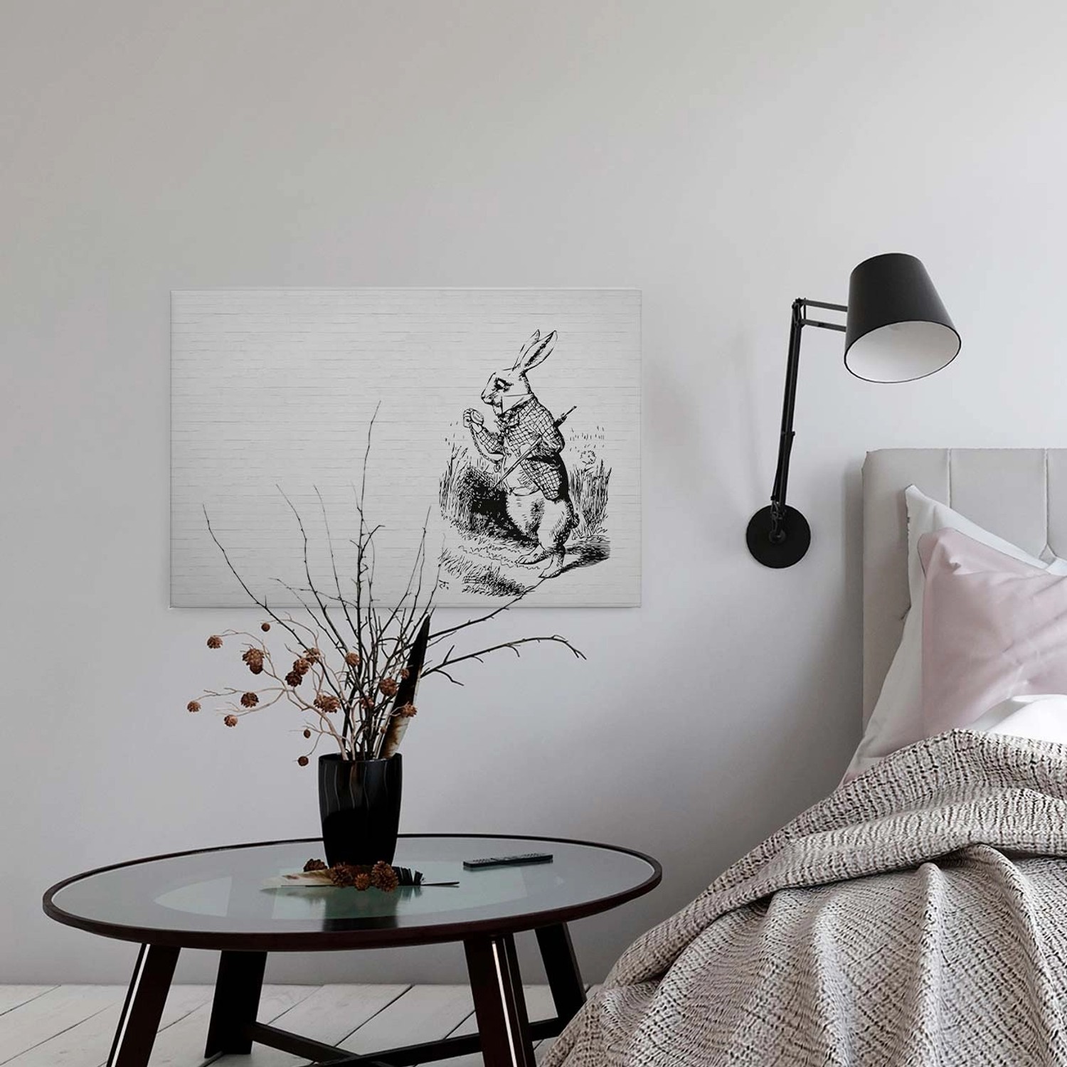 Bricoflor Bild Mit Zeichnung Auf Stein Leinwand Bild Mit Hase Gezeichnet Industrial Style Wandbild Schwarz Weiß Leinwandbild Für Büro Und Schlafzimmer