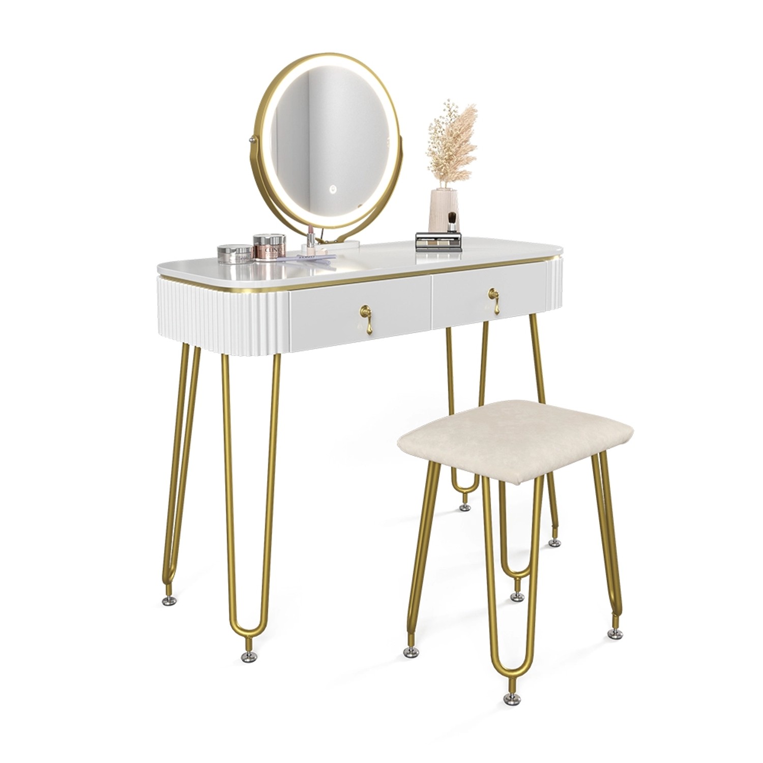 Vicco Schminktisch Grace Weiß Hochglanz 100 cm mit LED Beleuchtung und Hocker