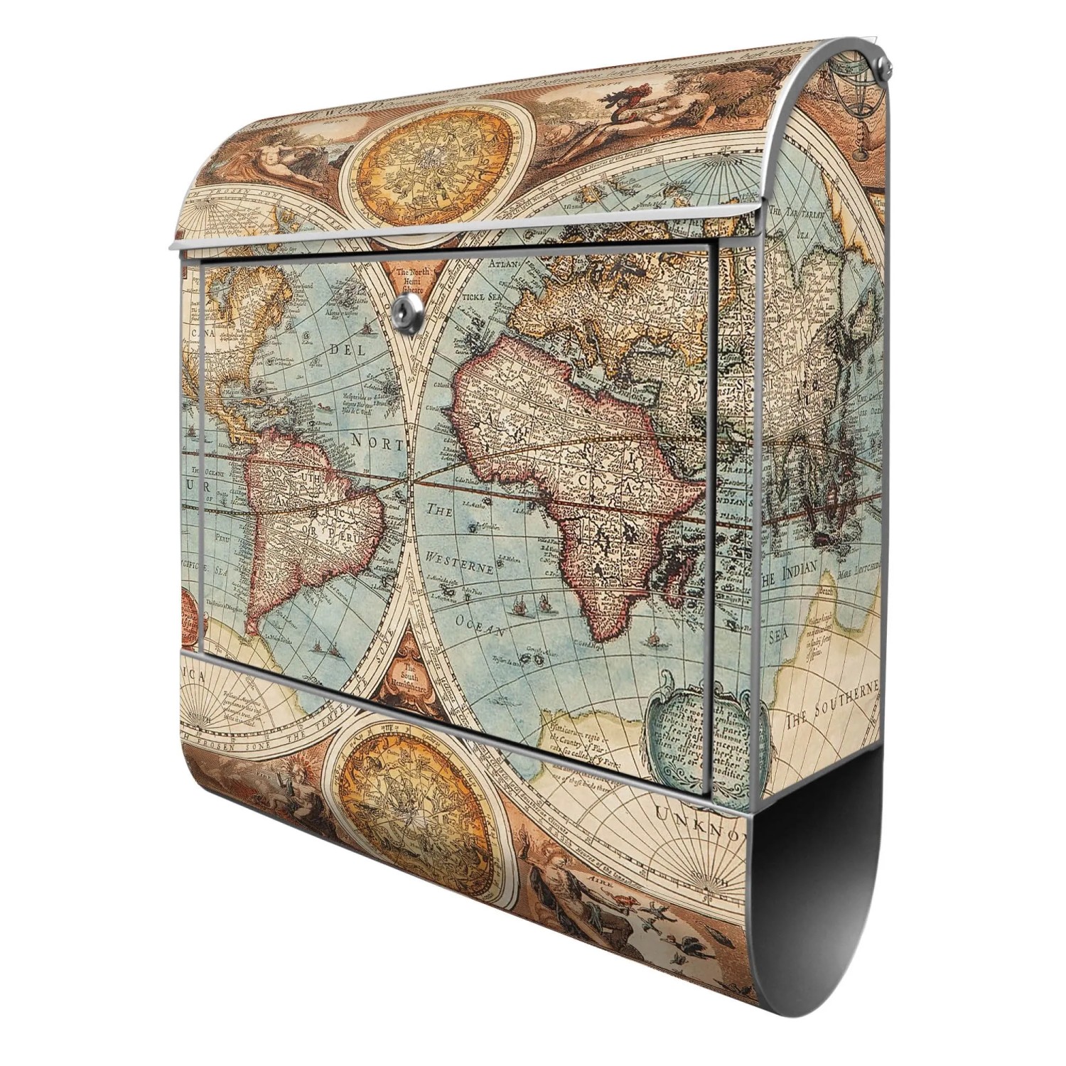 Banjado Design Briefkasten Silber Pulverbeschichtet 39x47x14cm 2 Schlüssel Mit Zeitungsfach Motiv Historische Weltkarte