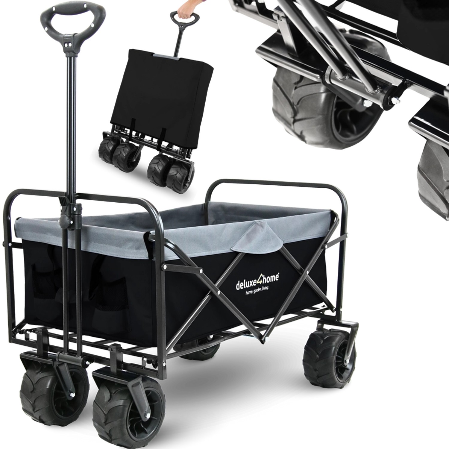 deluxe4home Bollerwagen mit Breiten Reifen Schwarz Grau