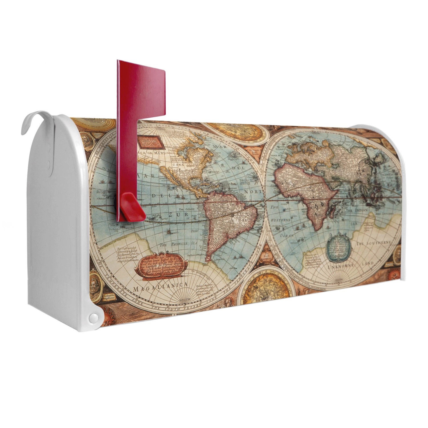 Banjado Amerikanischer Briefkasten Weiß 48x22x16cm US Mailbox Letterbox Postkasten Stahl Pulverbeschichtet Motiv Historische Weltkarte
