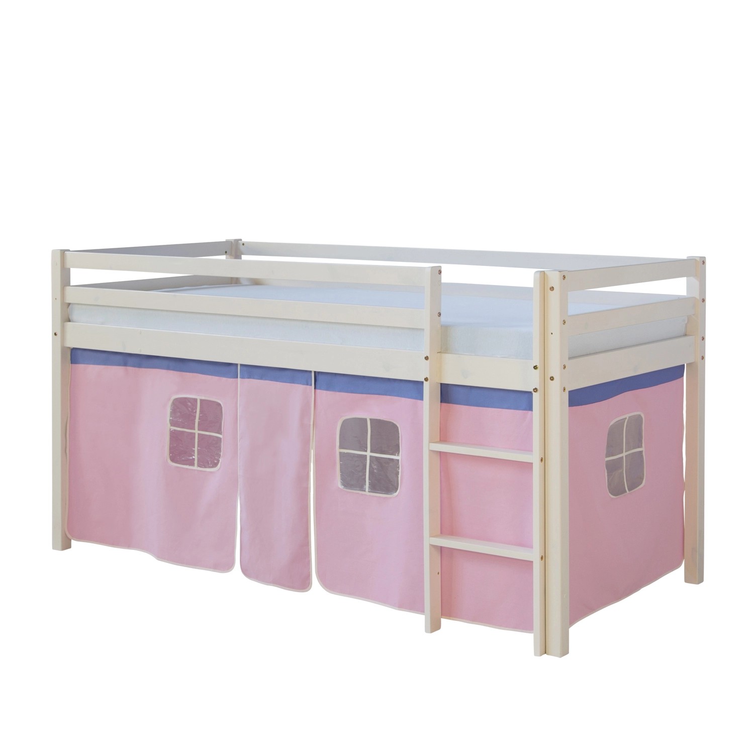 Homestyle4u Hochbett 90x200 Weiß Vorhang Rosa 1535