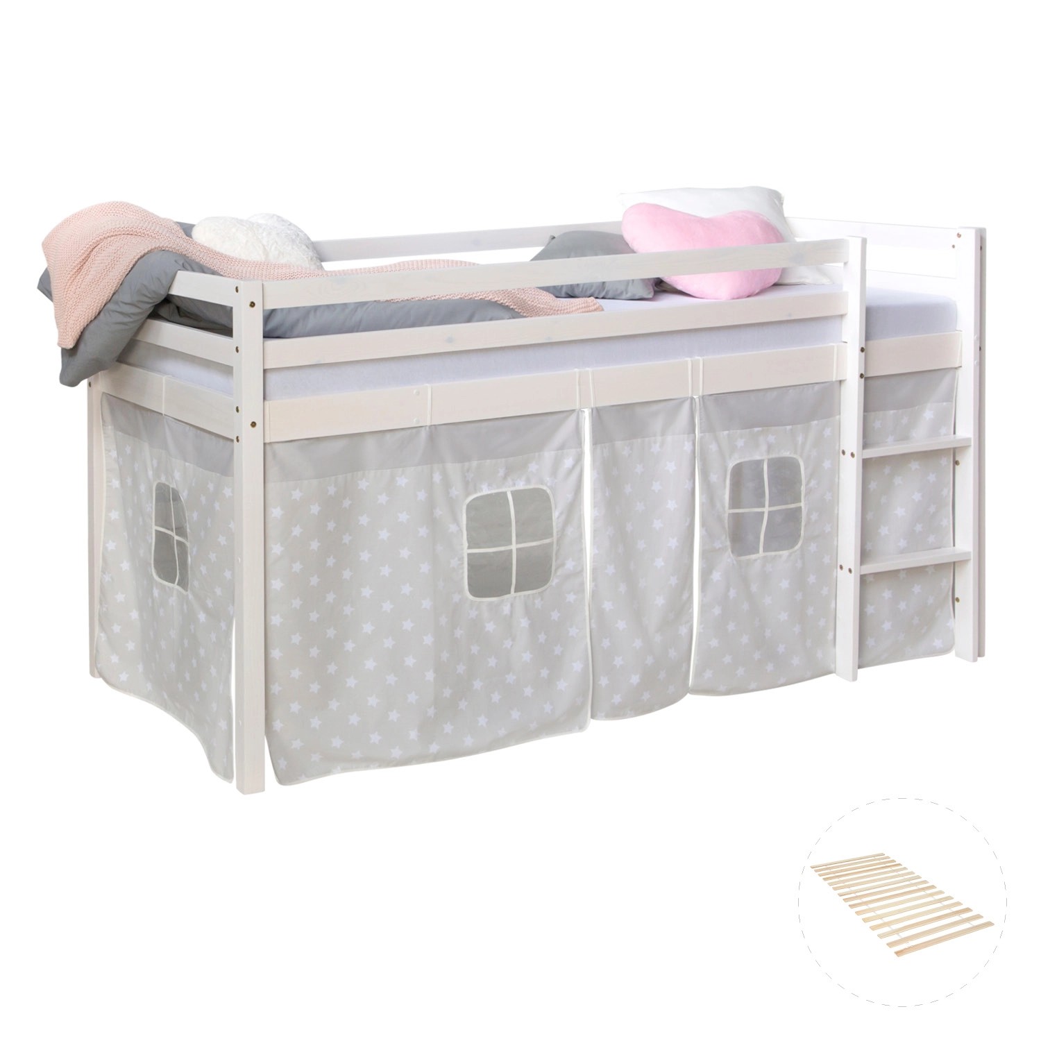 Homestyle4u Hochbett 90x200 mit Vorhang und Lattenrost Weiß Sterne 2765