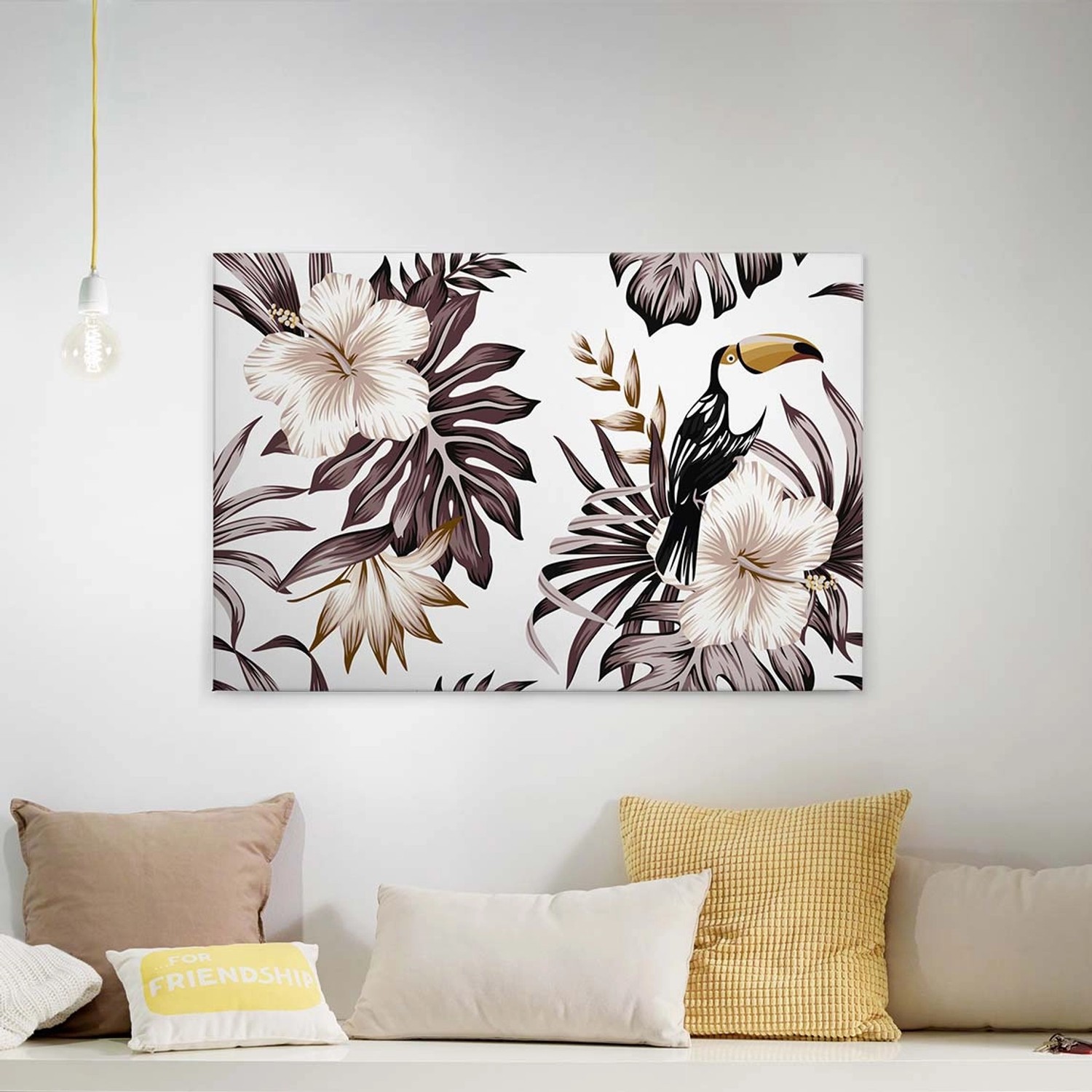 Bricoflor Tukan Bild Mit Hawaii Blumen Palmen Leinwand Bild Mit Hibiskus Und Vogel Tropisches Wandbild In Braun Beige Ideal Für Wohnzimmer Und Küche
