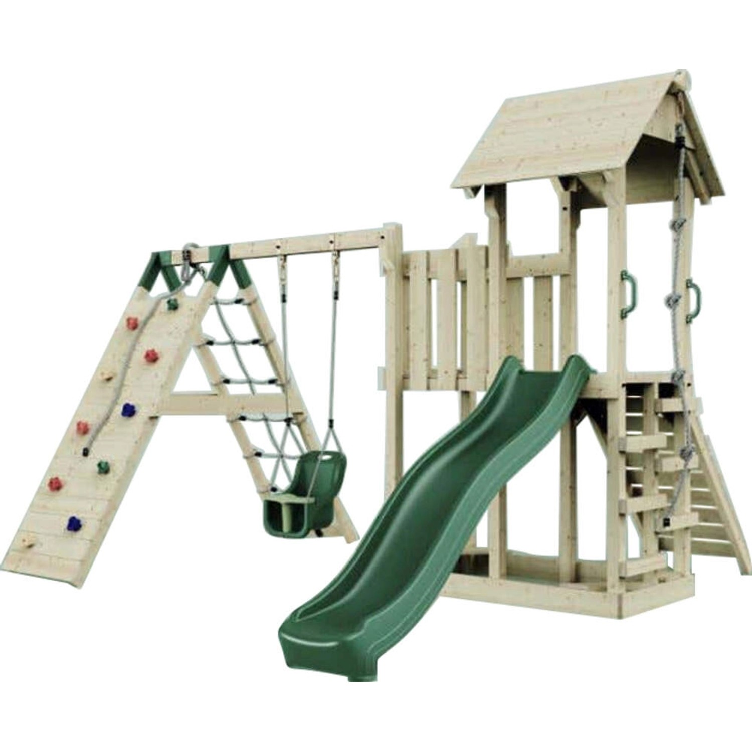 PolarPlay Spielturm Farö Babyschaukel Kletterwand Rutsche Grün