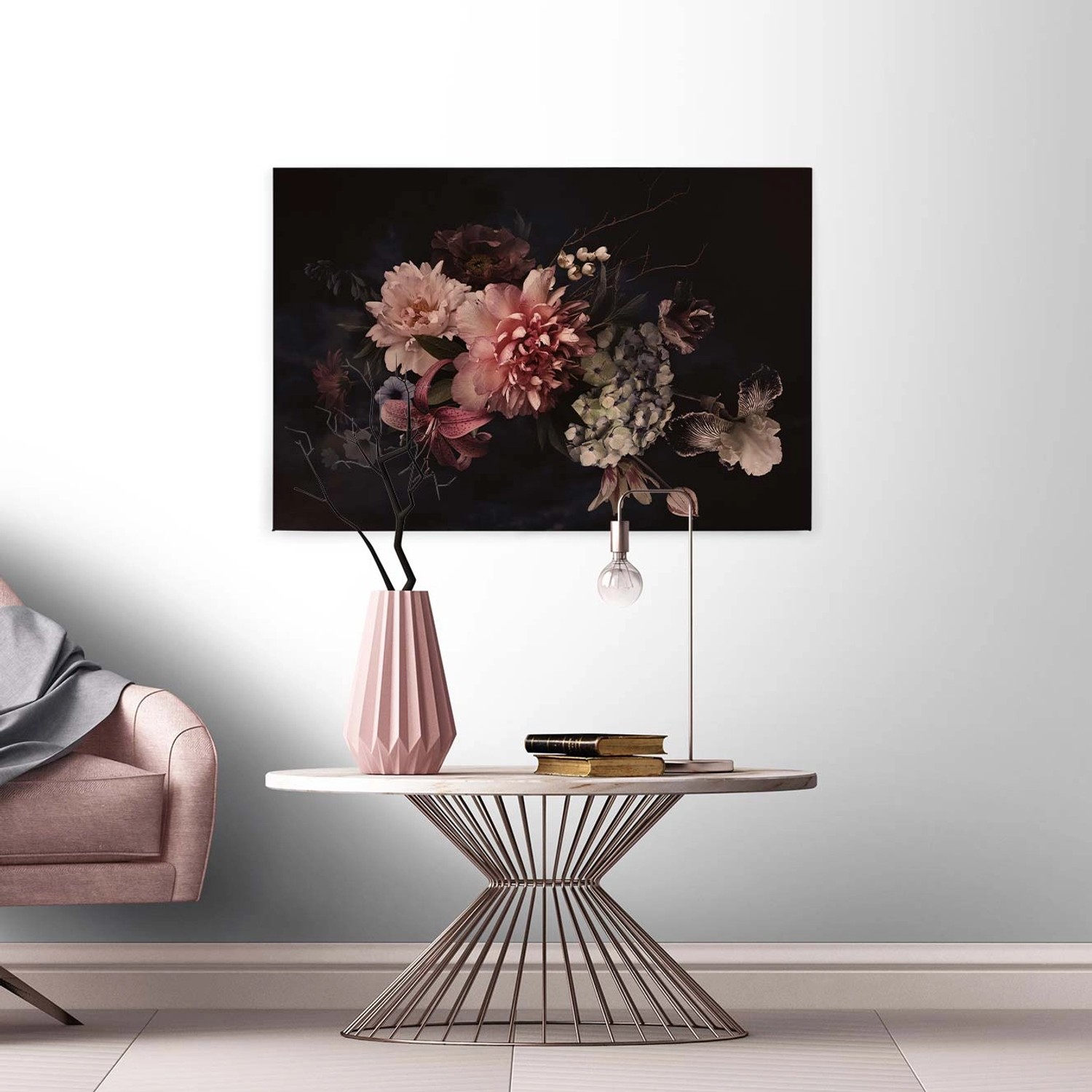 Bricoflor Leinwand Bild Mit Sommerblumen In Rosa Und Schwarz Vintage Bild Ideal Für Schlafzimmer Und Esszimmer Rosenbild Mit Hortensie Und Lilie