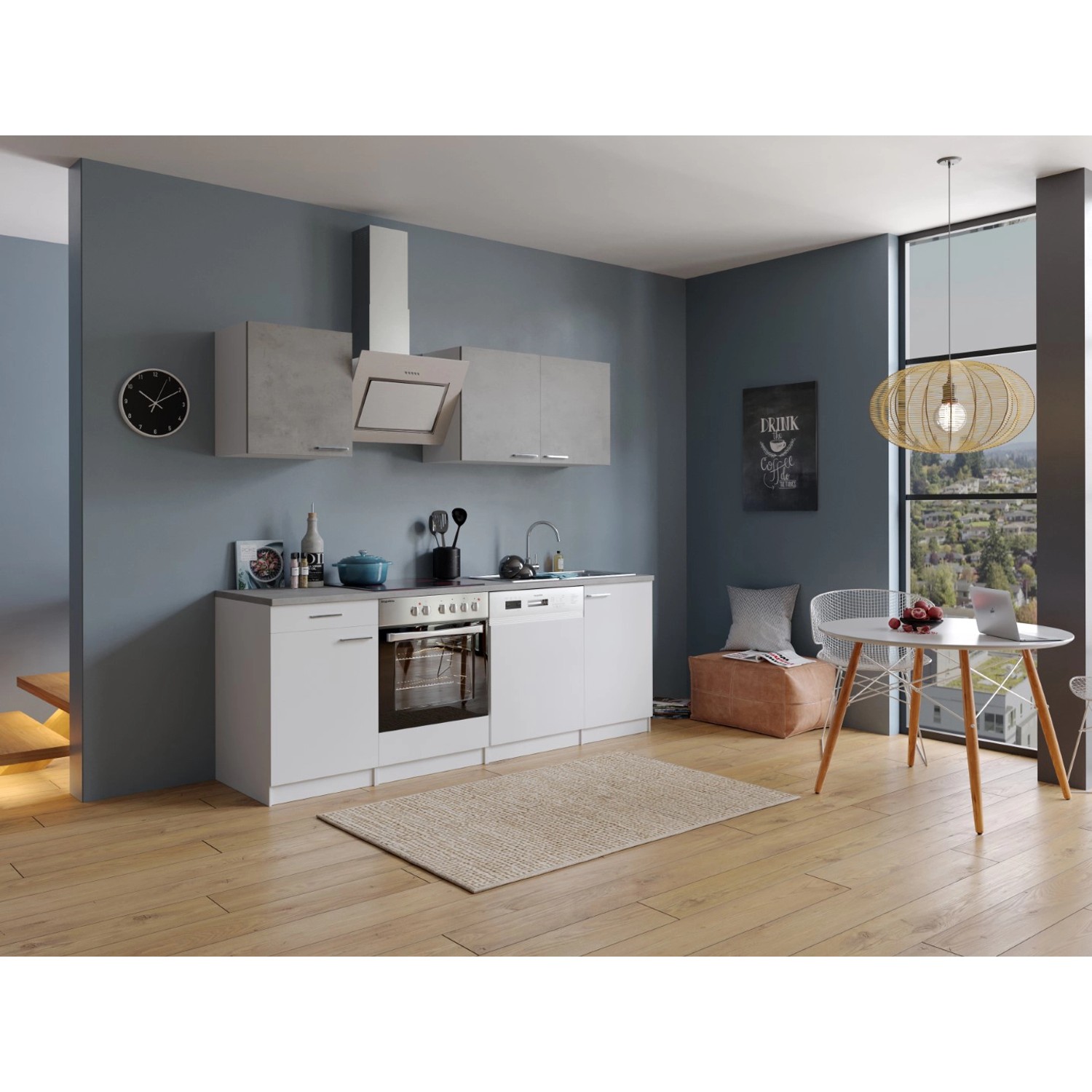 Respekta Economy Küchenzeile KB220WWBSC 220 cm Weiß-Beton Optik