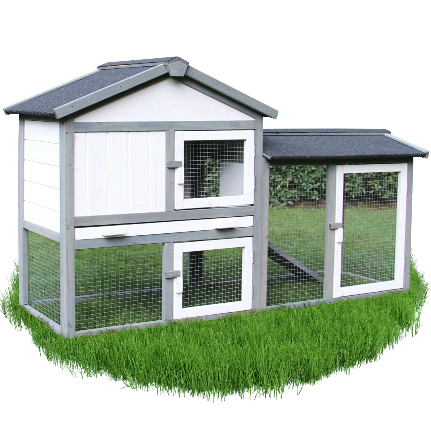 NYVI Hasenstall mit Auslauf 146x86x52cm Grau Weiß mit Gehege & Kunststoffschublade