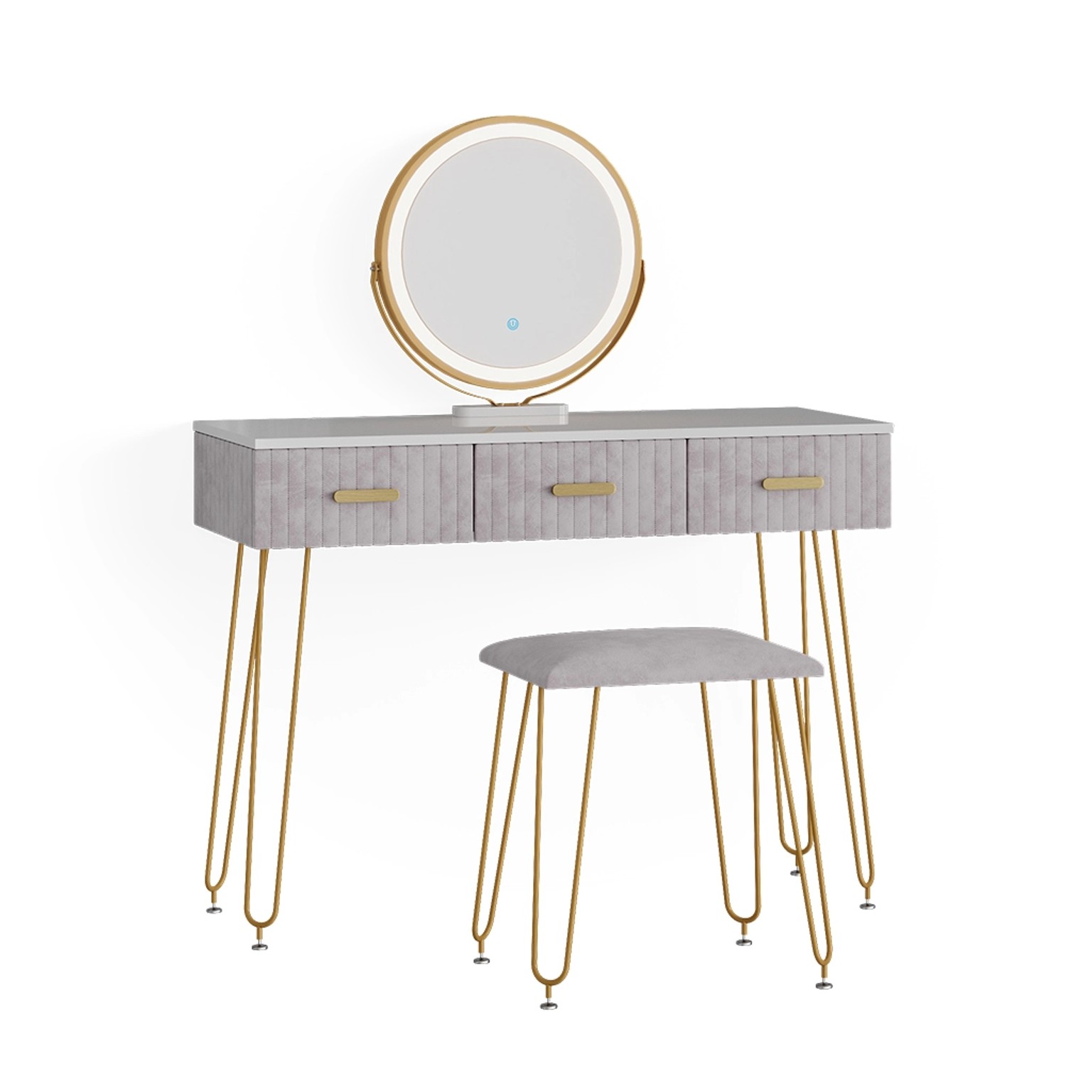 Vicco Schminktisch Layla Grau 100 cm mit LED Beleuchtung und Hocker