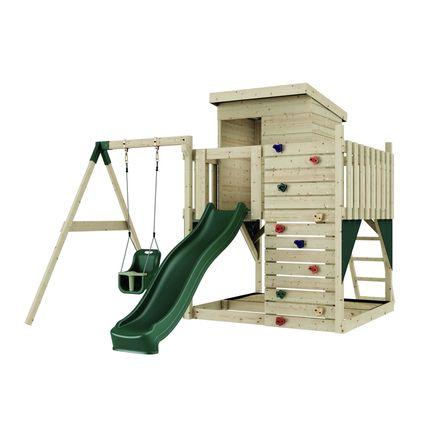 PolarPlay Spielturm Alma, mit Babyschaukel, Dunkelgrün