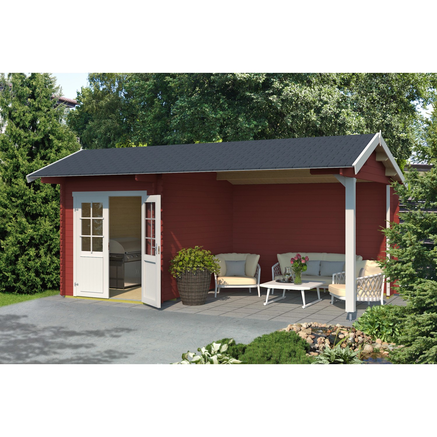 Lasita Holz-Gartenhaus Kenzo Schwedenrot 480 cm x 389,3 cm mit Anbaudach