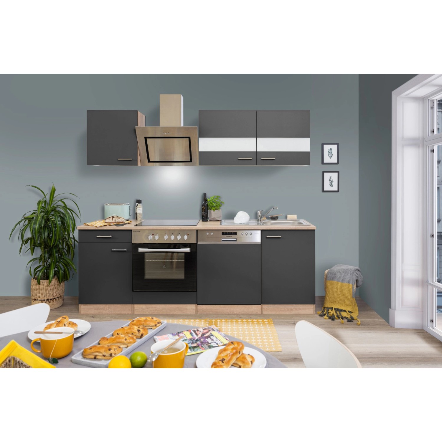 Respekta Economy Küchenzeile KB220ESGSC 220 cm Grau-Eiche Sägerau Glänzend