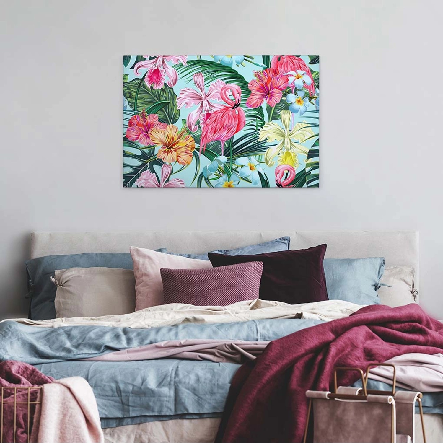 Bricoflor Wandbild Mit Palmen Und Hibiskus Leinwand Bild Mit Flamingo Und Hawaii Blumen Ideal Für Wohnzimmer Tropisches Bild In Neonfarben