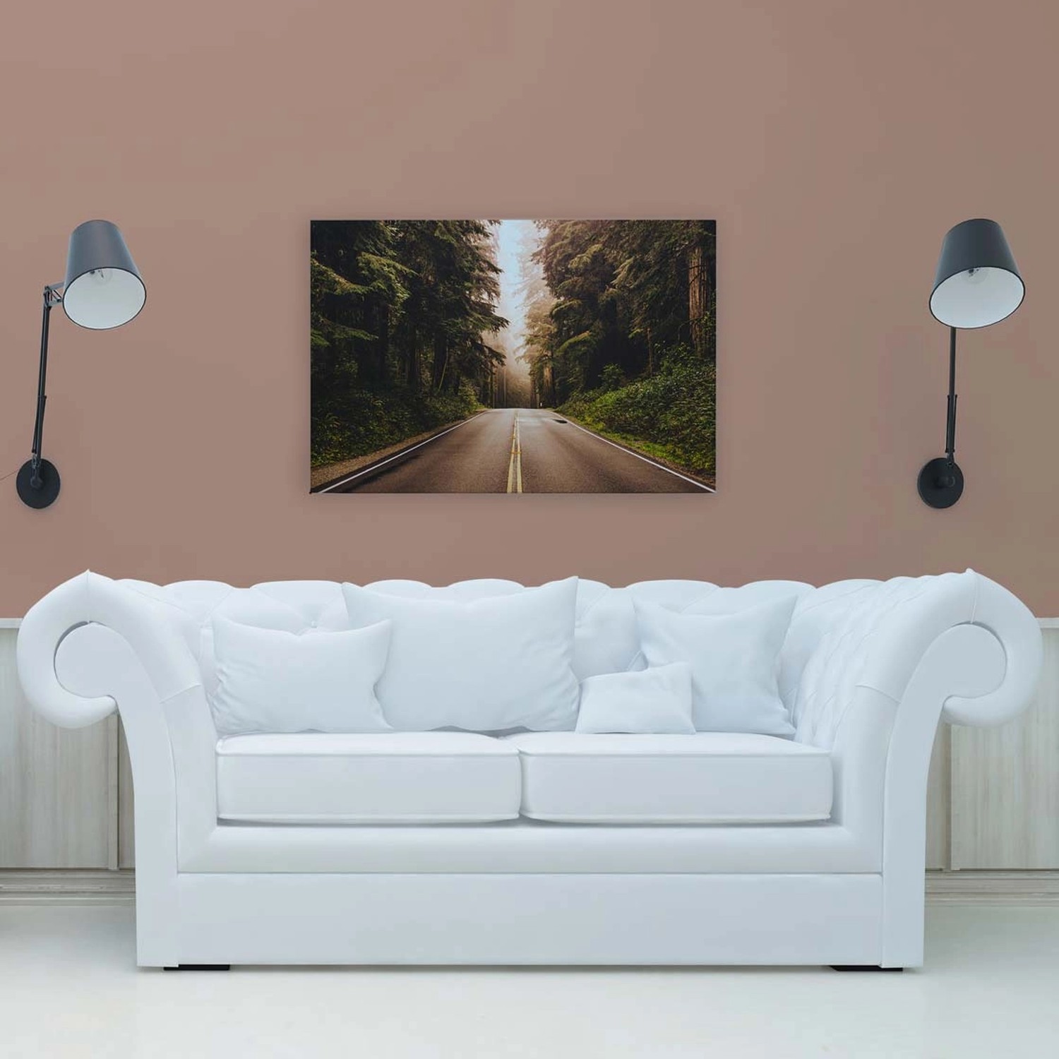 Bricoflor Bild Mit Wald Im Nebel Leinwand Bild Mit Straße Ideal Für Wohnzimmer Und Büro Canvas Wandbild Mit Tannenwald In Dunkelgrün