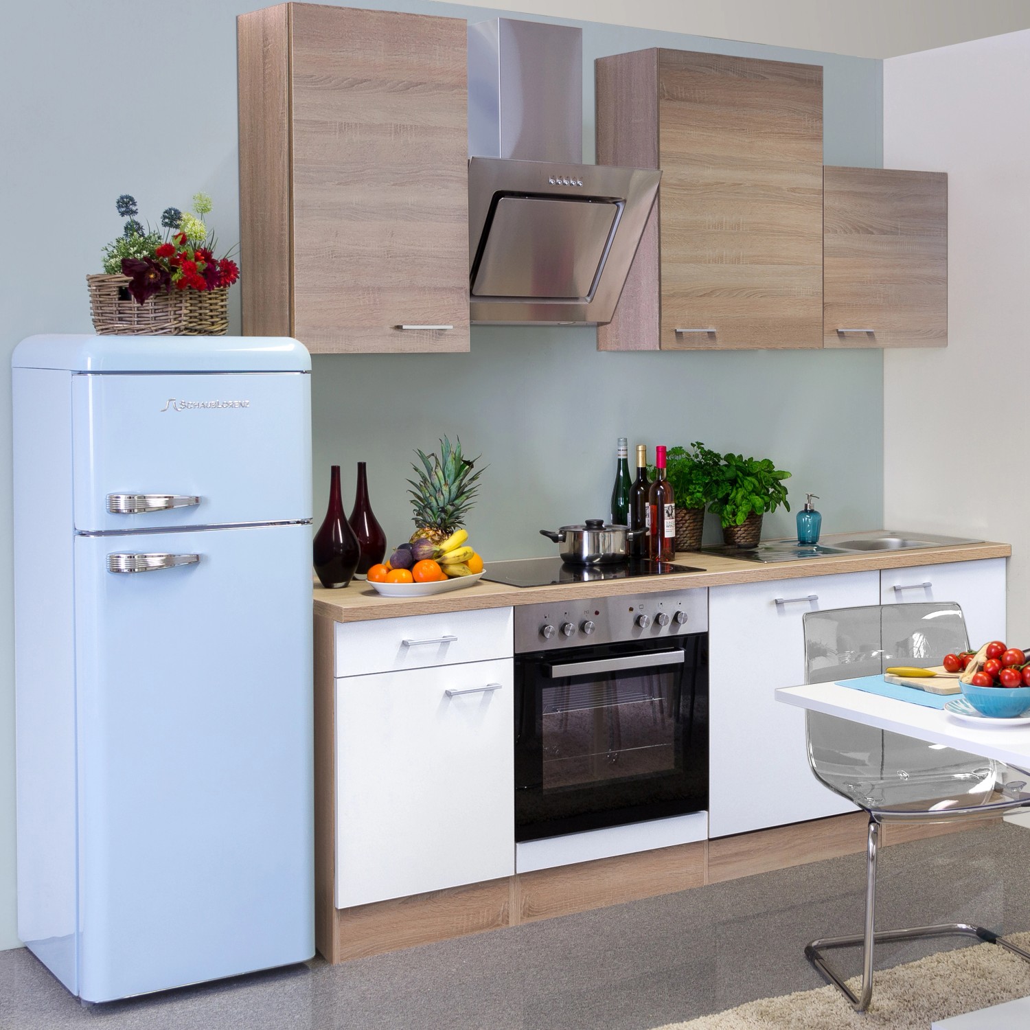 Flex-Well Classic Küchenzeile Florida 220 cm Sonoma Eiche-Weiß-Sonoma Eiche