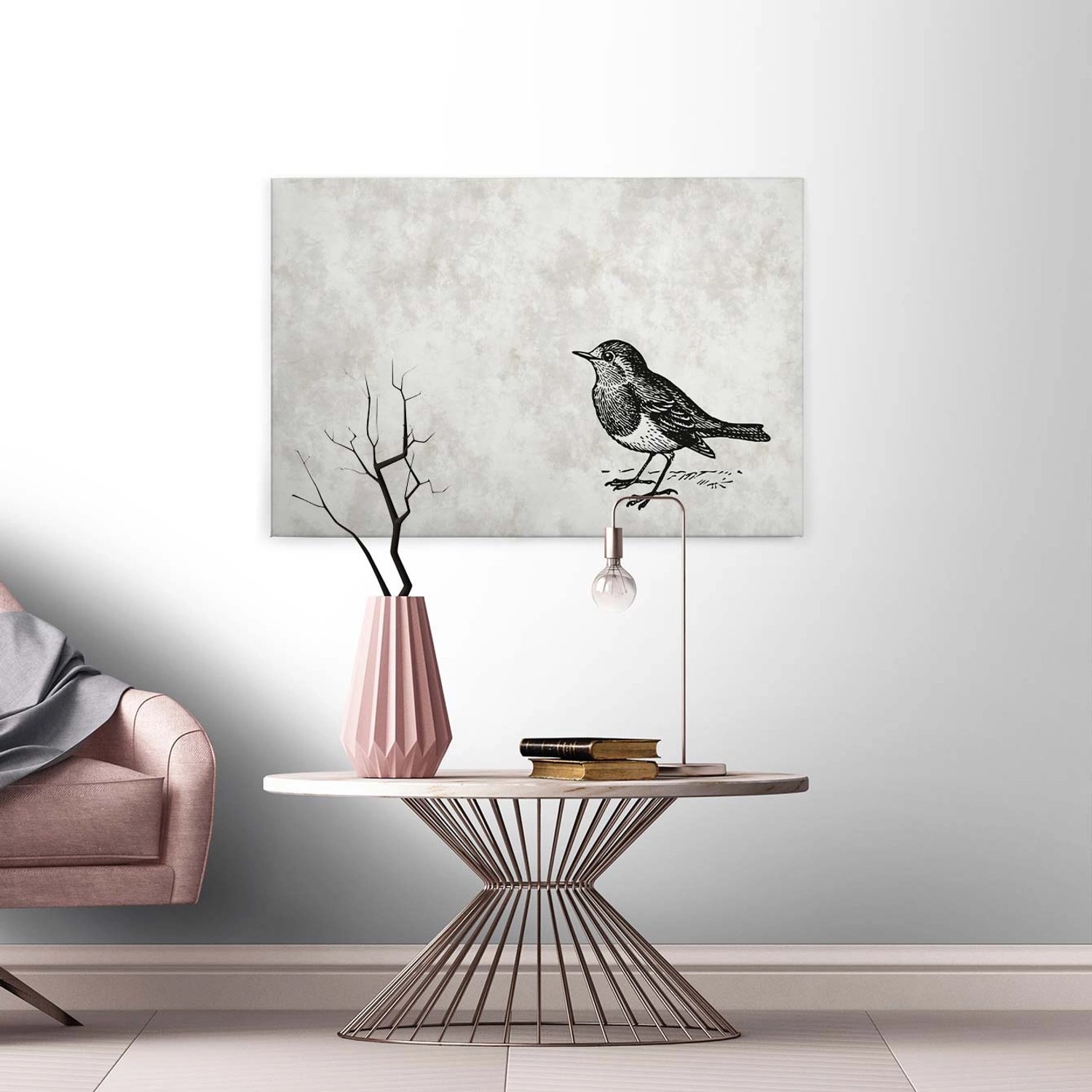 Bricoflor Leinwand Bild Mit Rotkehlchen Gezeichnet Schwarz Weiß Leinwandbild Mit Gezeichnetem Vogel Für Schlafzimmer Und Büro Canvas Bild Betonoptik