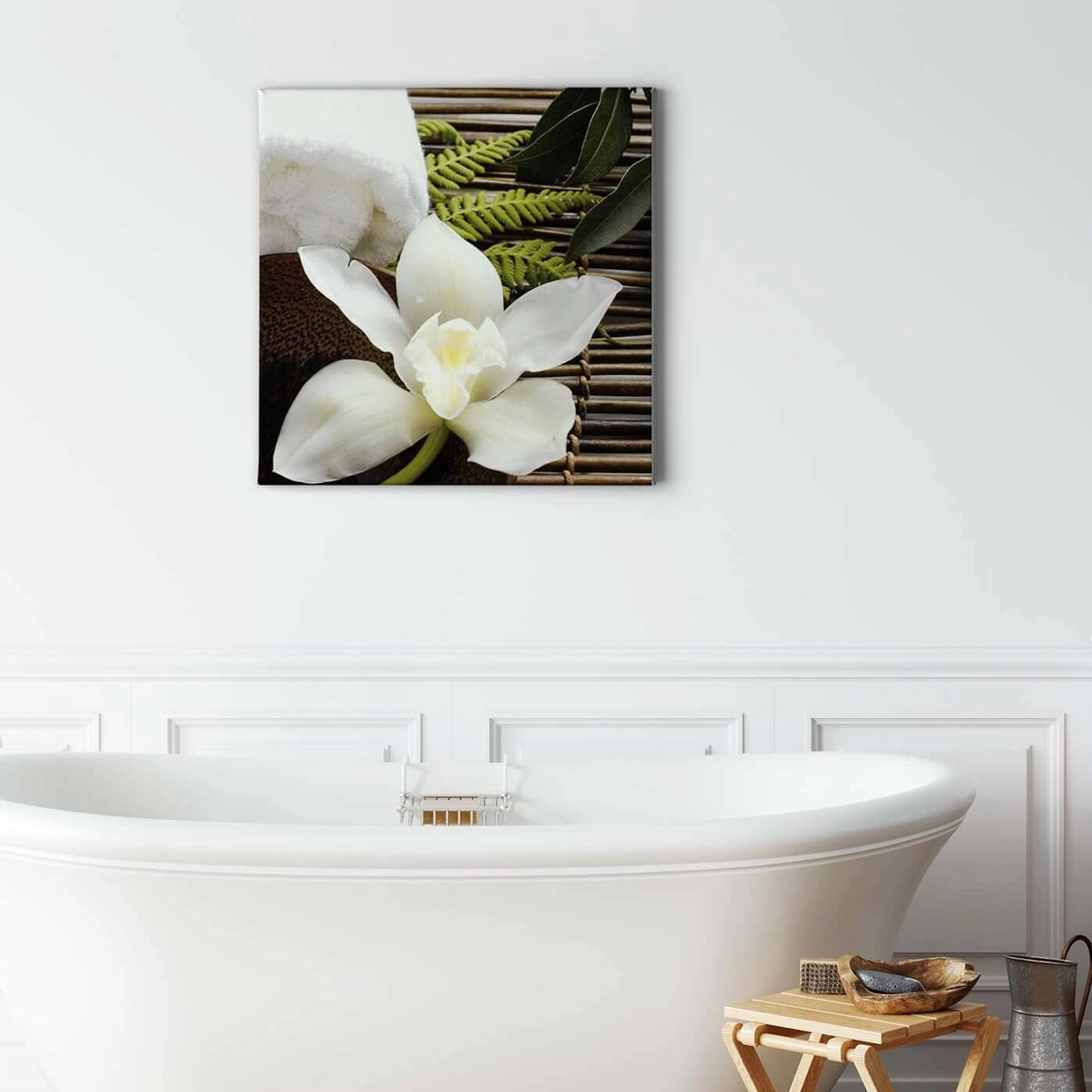 Bricoflor Wandbild Mit Orchidee Wellness Bild Auf Leinwand In Grün Und Weiß Zen Wandbild Mit Orchideenblüte Ideal Für Badezimmer Und Schlafzimmer