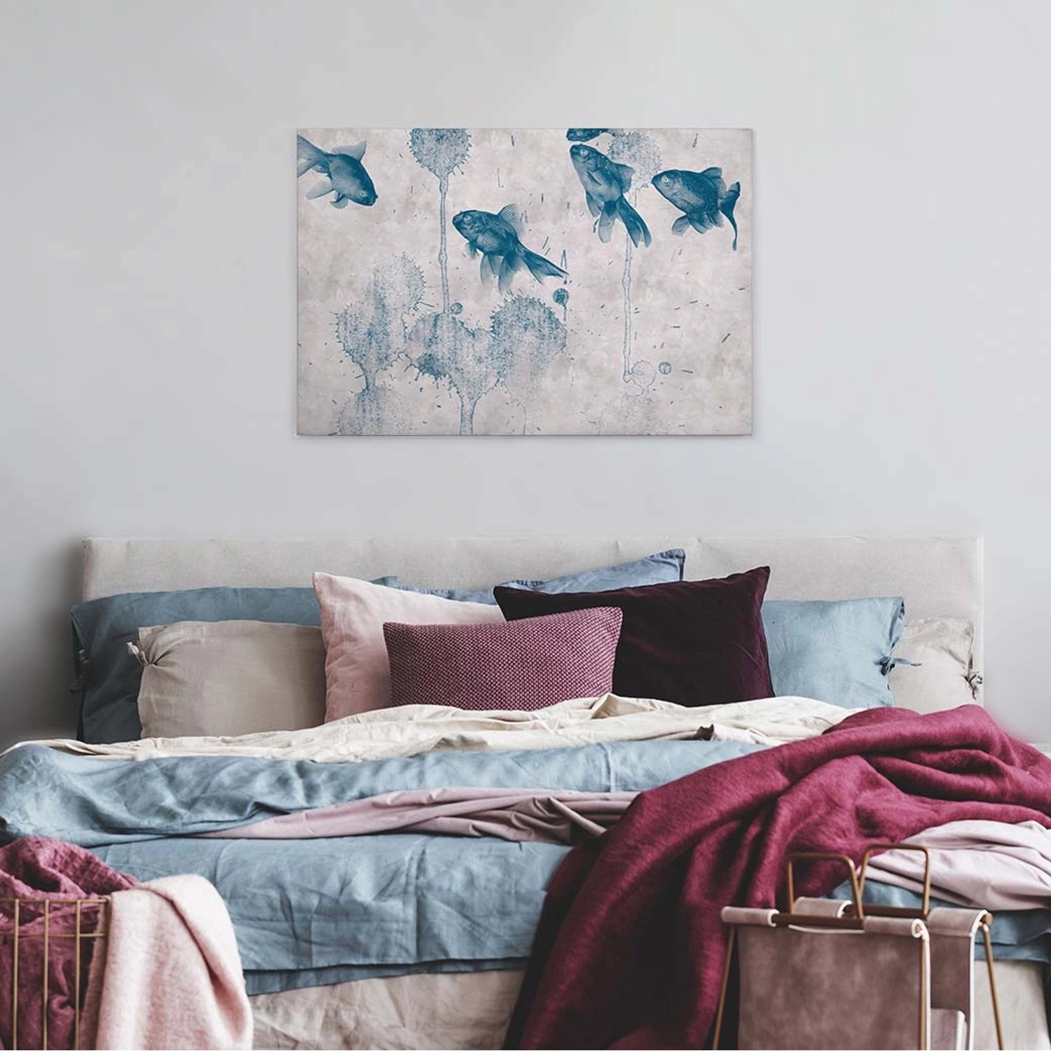 Bricoflor Aquarell Leinwandbild Mit Fischen Wasserfarben Bild Auf Leinwand In Grau Und Blau Goldfisch Canvas Bild In Betonoptik Ideal Für Schlafzimmer