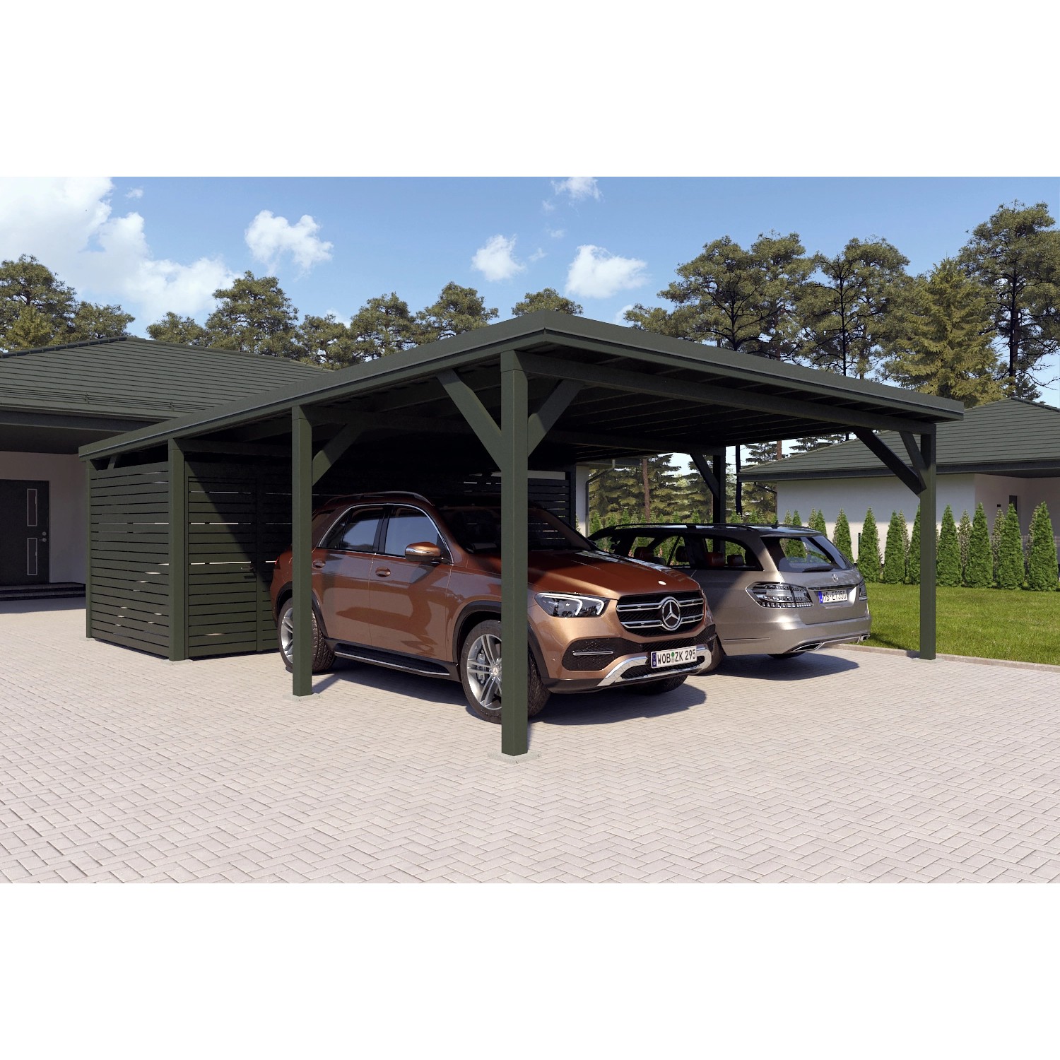 Holzbrüder Carport Ralf 52m² mit Geräteraum Grün-Dornengrün