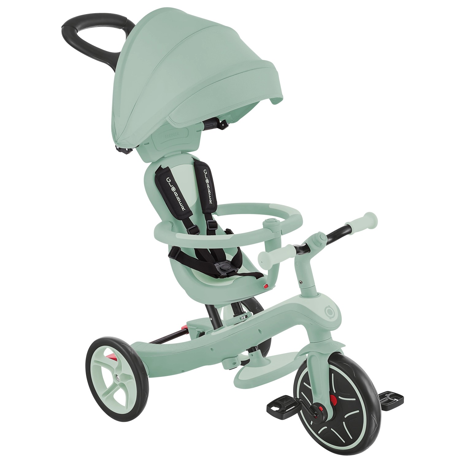 Globber Explorer Trike 4in1 Kinderwagen Dreirad und Laufrad 10/8,5 Zoll TPR-Sitz Höhenverstellbar Pistazie