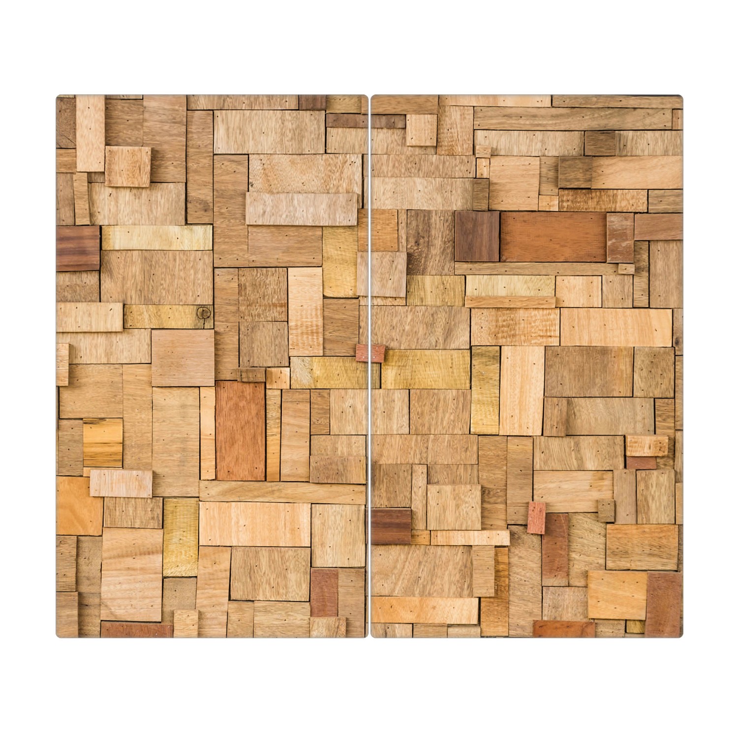 Banjado Herdabdeckplatte Glas 2 Teilig Je 30x52CM Schneidebrett Herdabdeckung Mit Motiv Hölzernes Flickwerk